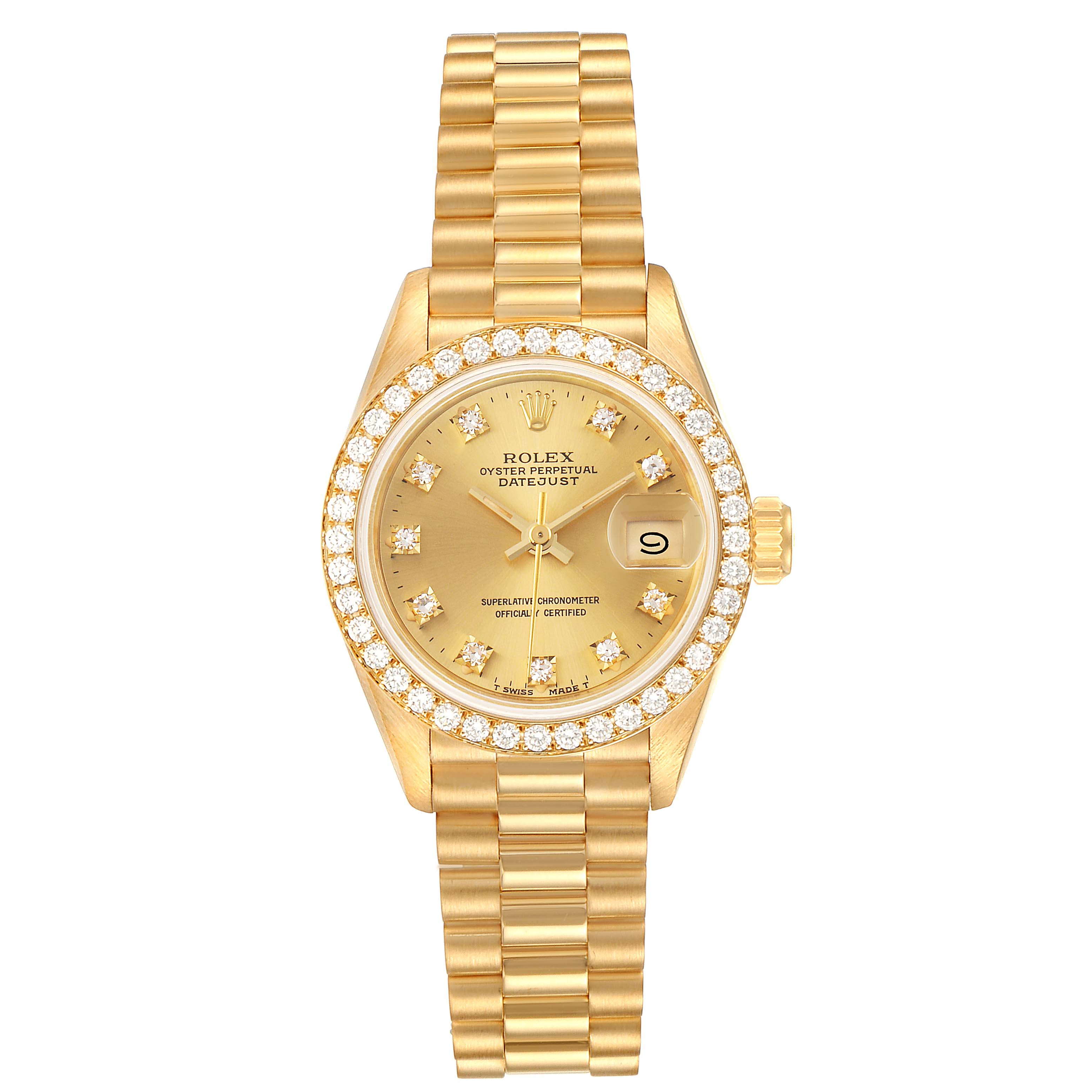 The image shows a frontal view of a Rolex President 69138 Women
s Yellow Gold Champagne Dial 69138 Women
s Yellow Gold Champagne Dial model watch, featuring a gold bracelet and a diamond bezel.