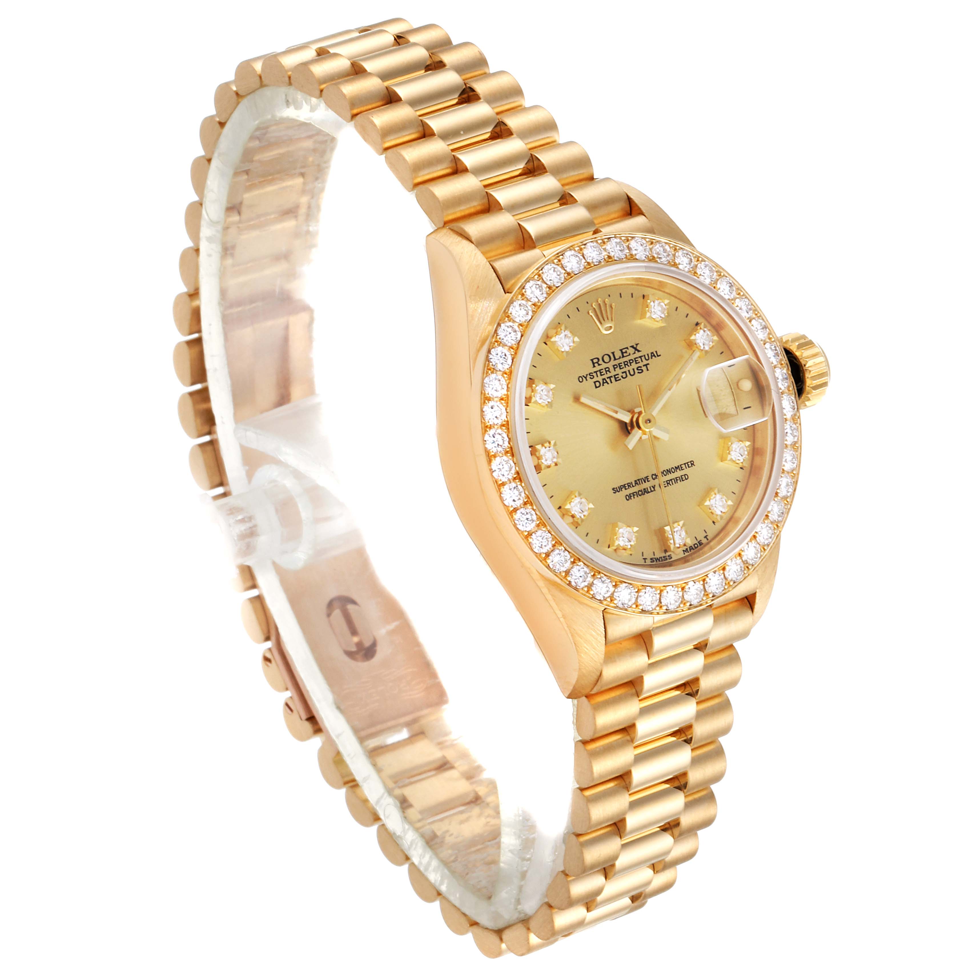 The image shows a side angle of the Rolex President 69138 Women
s Yellow Gold Champagne Dial 69138 Women
s Yellow Gold Champagne Dial model watch, highlighting the bracelet, case, and diamond bezel.