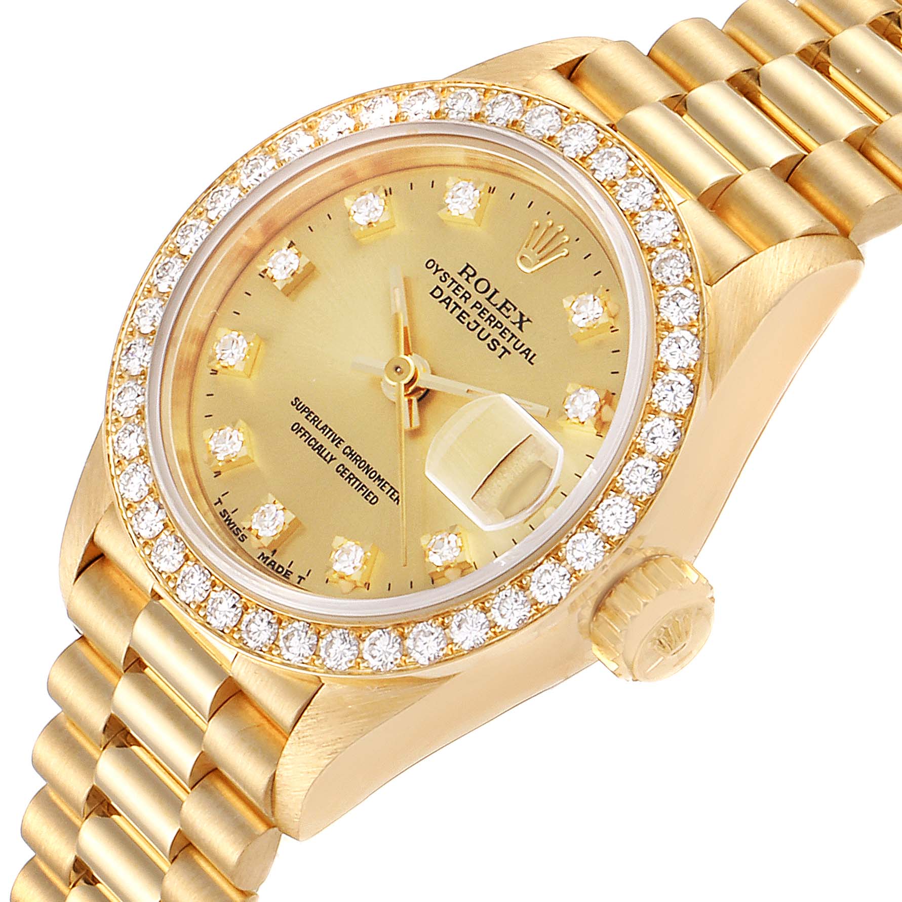 A Rolex President 69138 Women
s Yellow Gold Champagne Dial 69138 Women
s Yellow Gold Champagne Dial model watch is shown at an angle displaying the dial, bezel with diamonds, crown, and part of the bracelet.