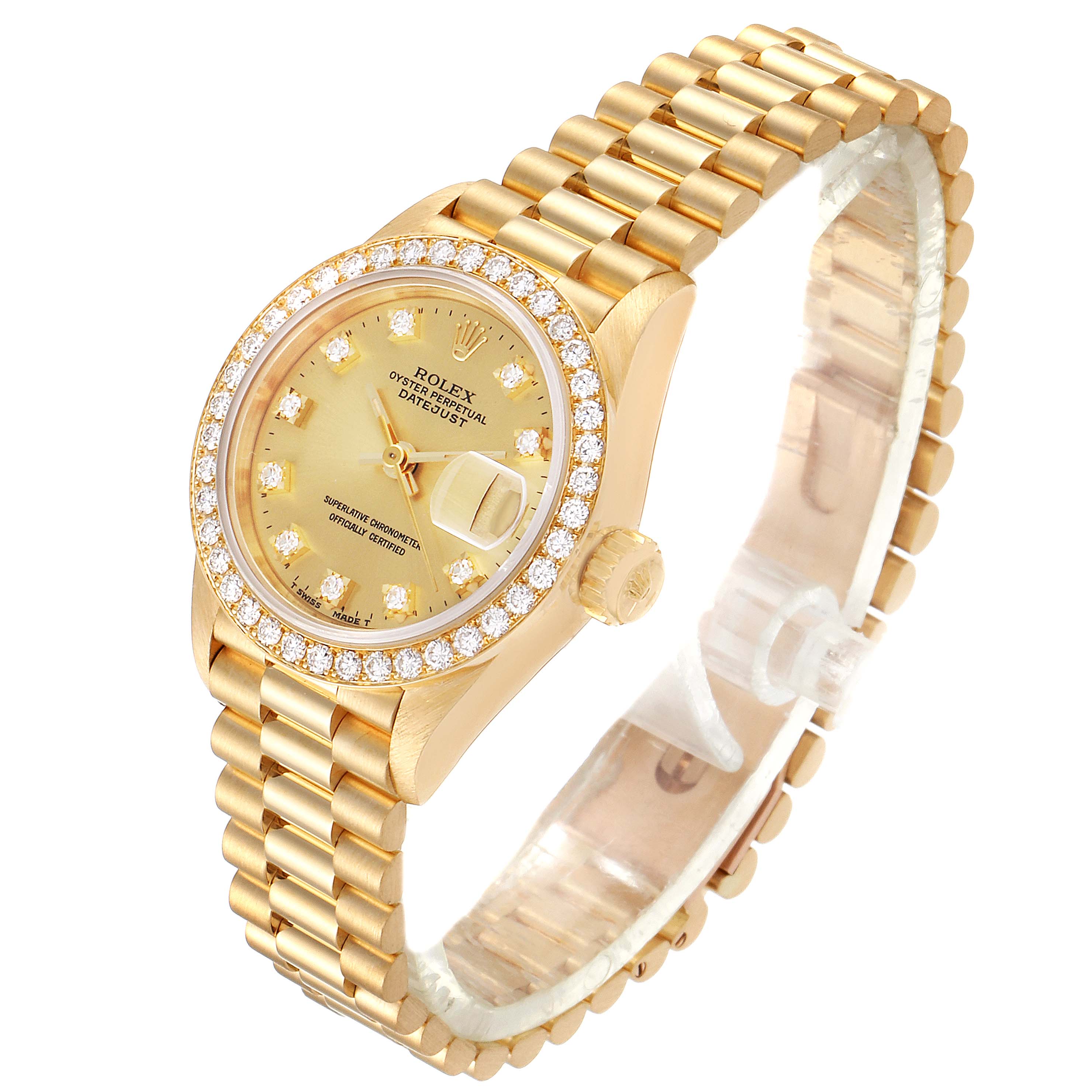 The image shows a Rolex President 69138 Women
s Yellow Gold Champagne Dial 69138 Women
s Yellow Gold Champagne Dial model watch at a slight angle, highlighting its gold bracelet, diamond bezel, and dial.