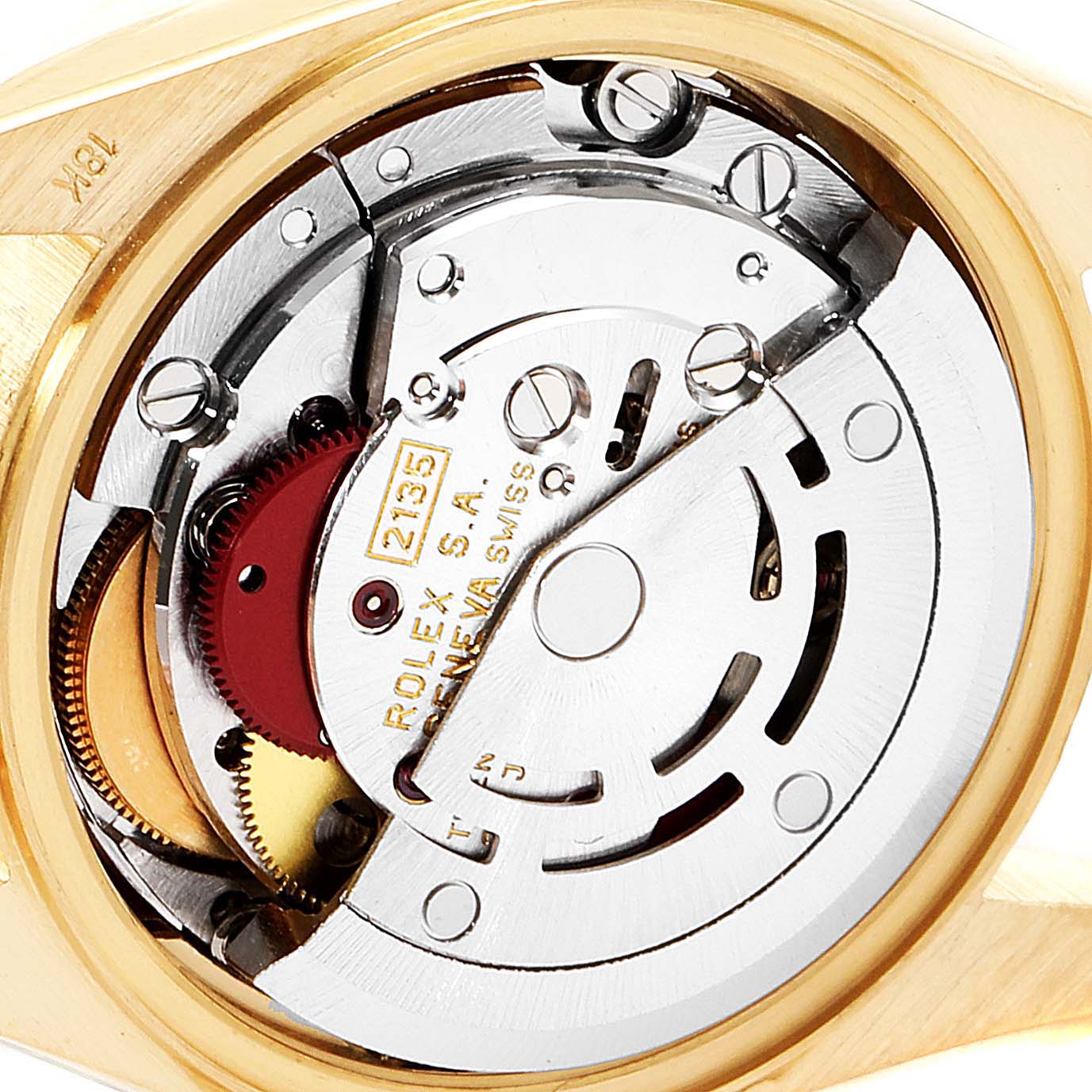 This image shows the internal mechanism of a Rolex President 69138 Women
s Yellow Gold Champagne Dial 69138 Women
s Yellow Gold Champagne Dial model watch viewed from the back, showcasing its intricate movement parts.