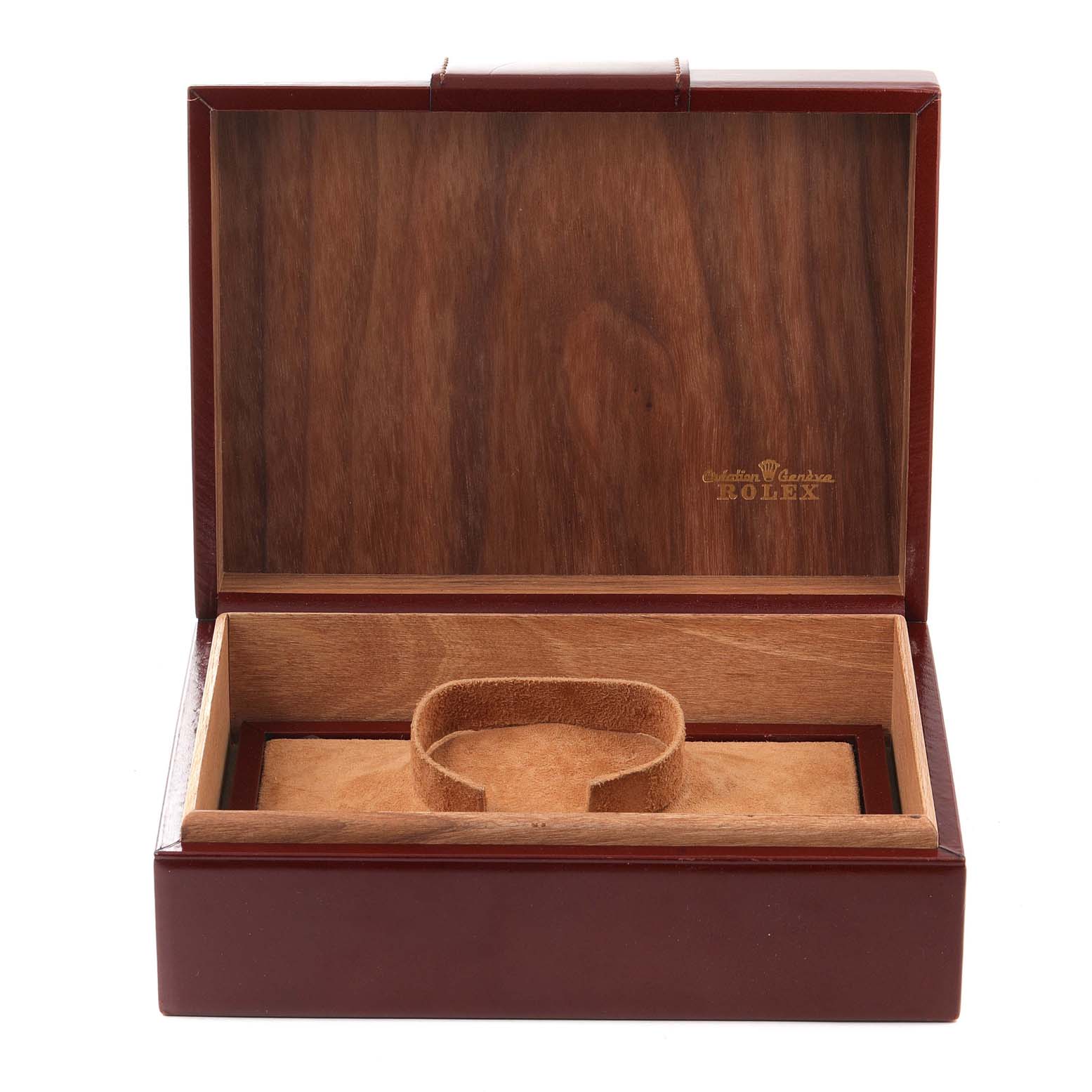 The image shows an open Rolex watch box for the President model, made of wood with a display cushion inside.