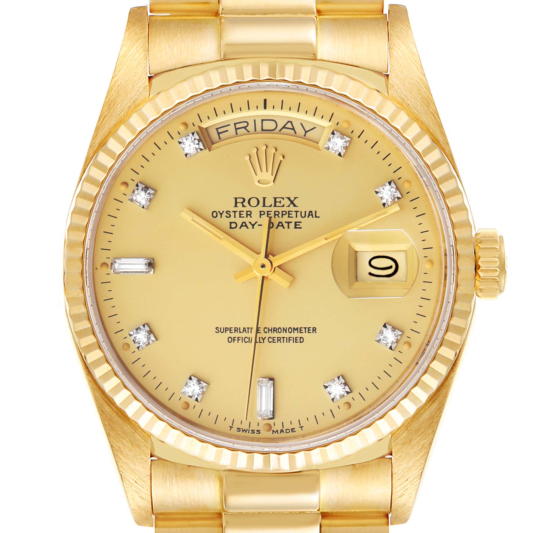 The image shows a frontal view of the Rolex President 18038 Men's Yellow Gold Champagne Dial 18038 Men's Yellow Gold Champagne Dial model watch, highlighting the dial, day-date display, and bracelet.