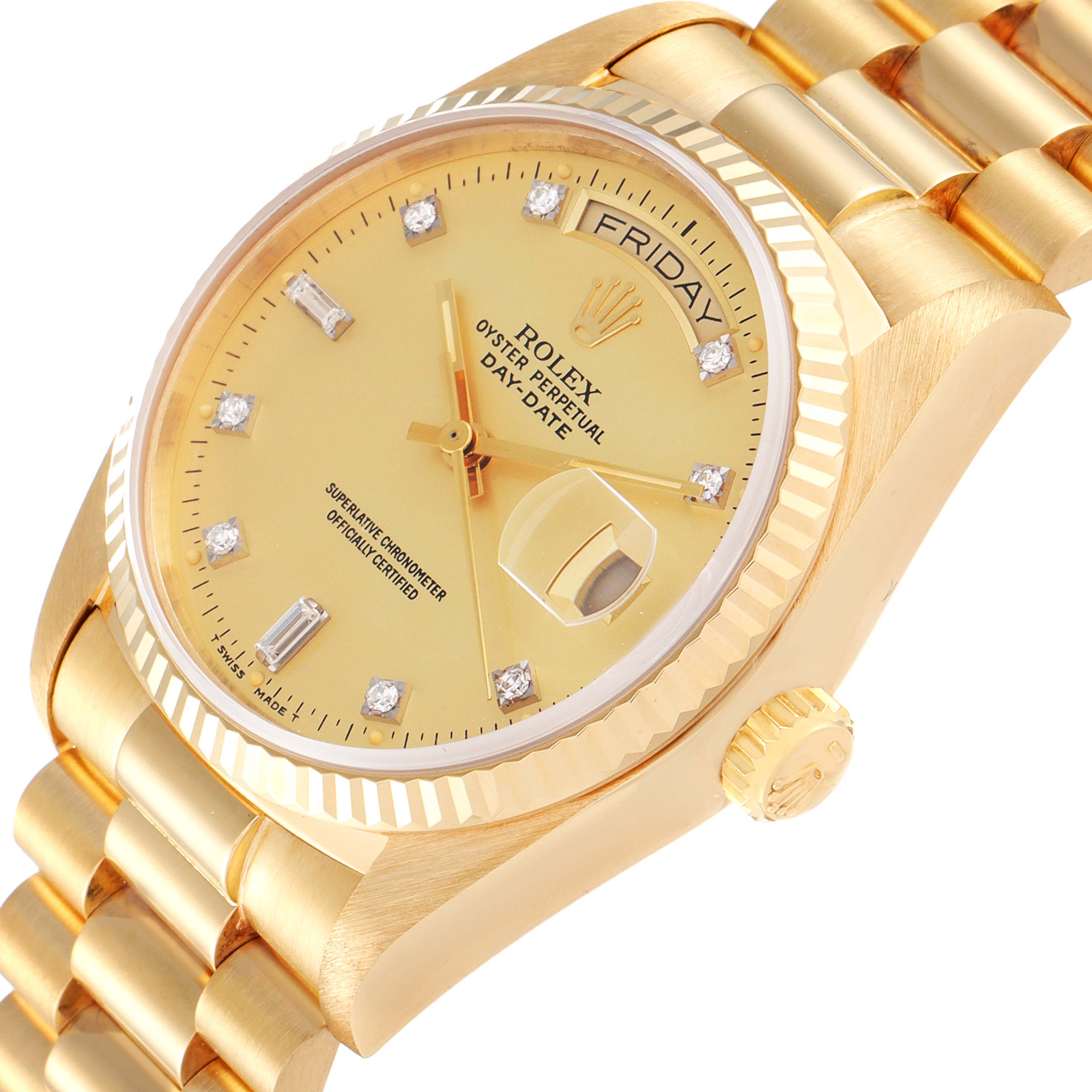 The image shows a diagonal close-up of a Rolex President 18038 Men's Yellow Gold Champagne Dial 18038 Men's Yellow Gold Champagne Dial model watch, highlighting the dial, bezel, and part of the bracelet.