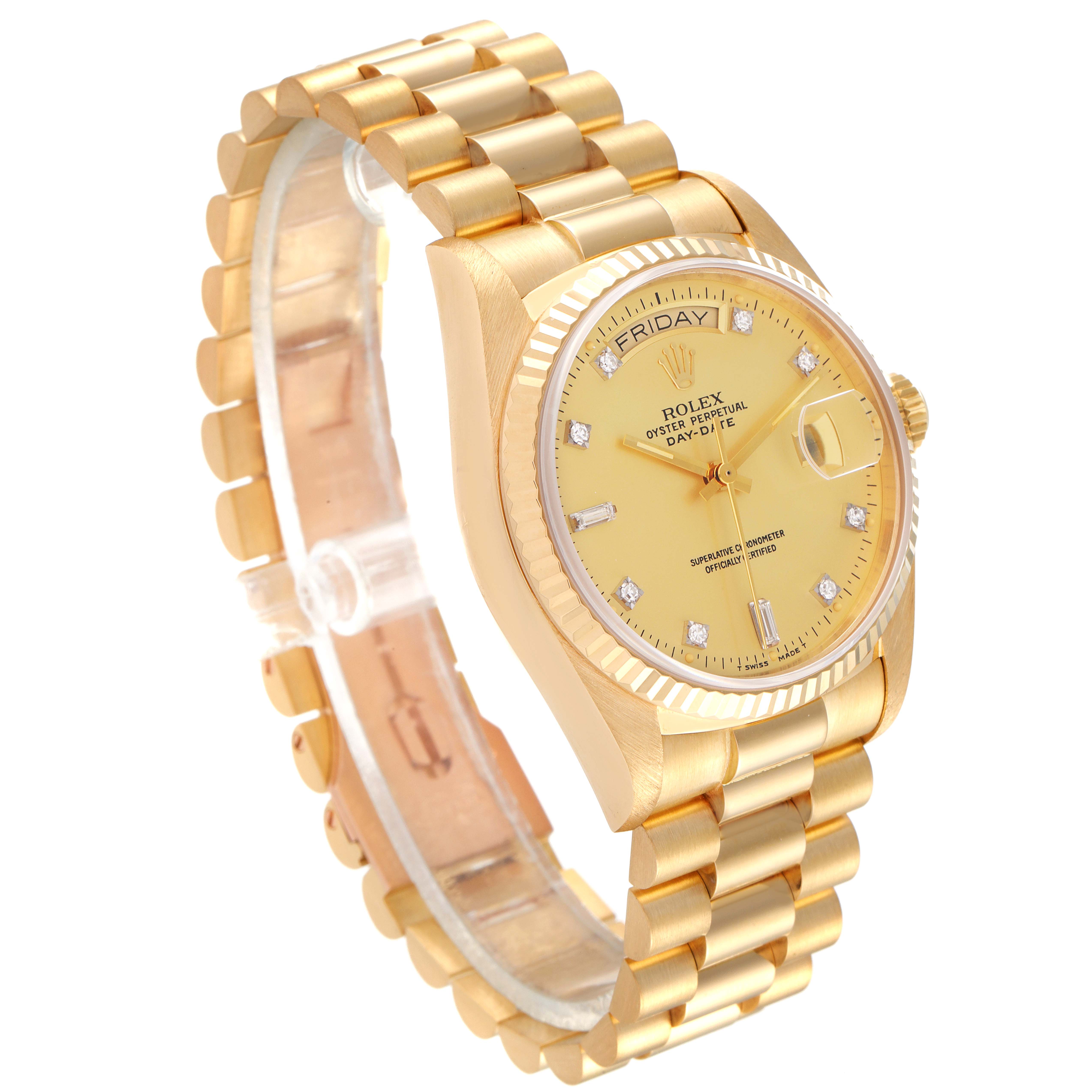 The image shows a Rolex President 18038 Men's Yellow Gold Champagne Dial 18038 Men's Yellow Gold Champagne Dial model watch at an angle highlighting the dial, band, bezel, and part of the crown.