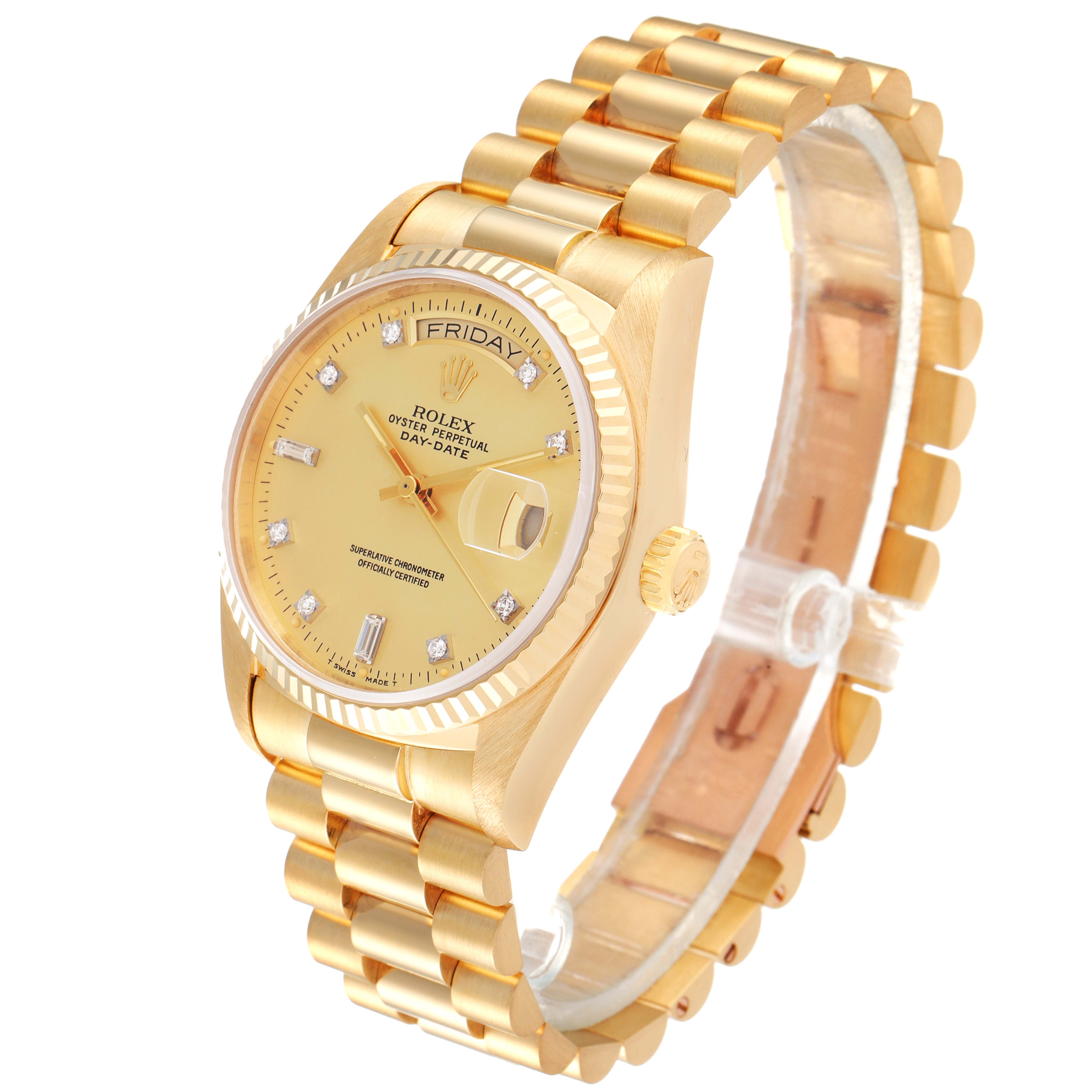 This image shows the Rolex President 18038 Men's Yellow Gold Champagne Dial 18038 Men's Yellow Gold Champagne Dial Oyster Perpetual Day-Date watch at an angle, displaying its dial, bracelet, and crown.