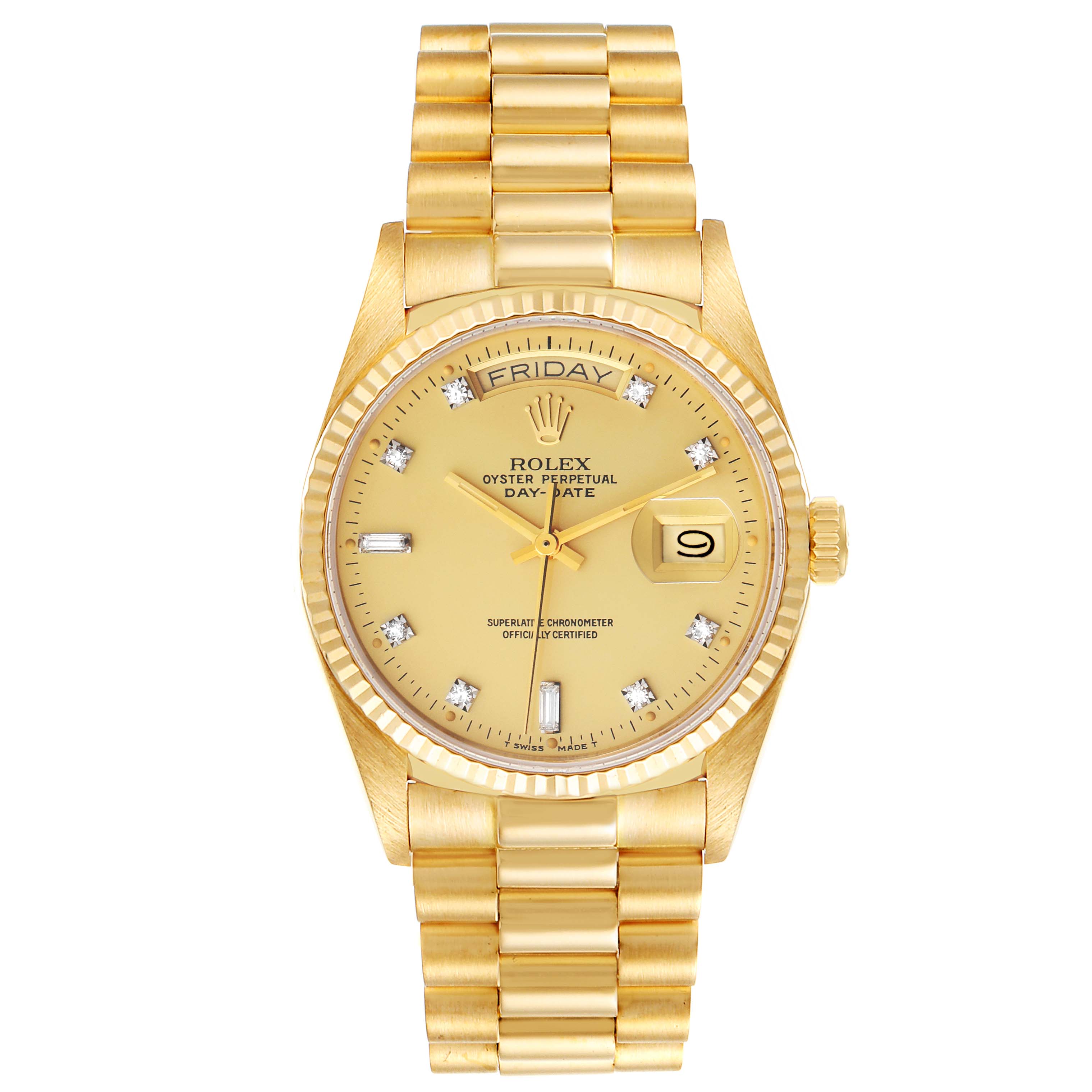 This image shows a front view of the Rolex President 18038 Men's Yellow Gold Champagne Dial 18038 Men's Yellow Gold Champagne Dial model watch, highlighting its gold case, dial, and bracelet.