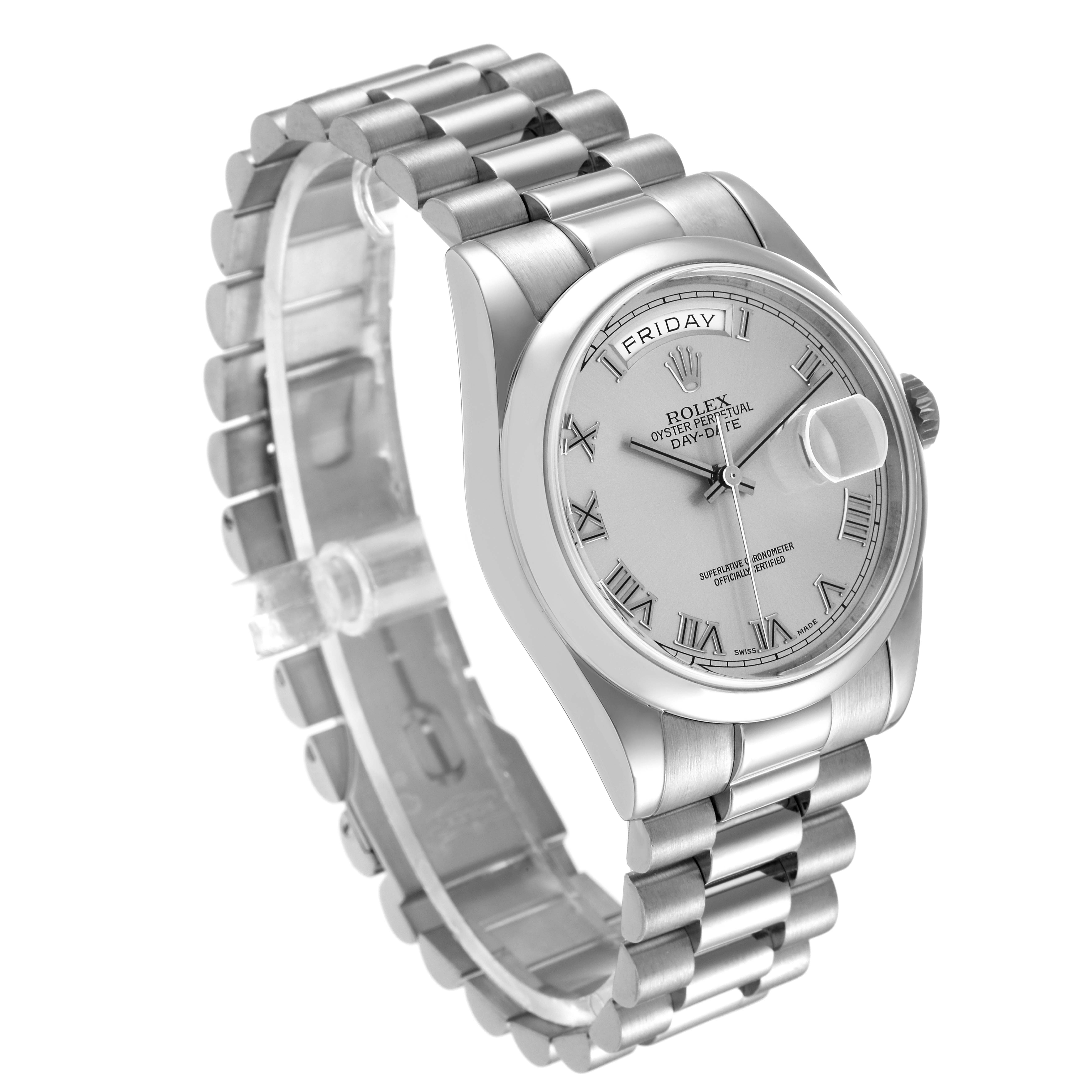 The image shows a Rolex President 118209 Men's White Gold Silver Dial 118209 Men's White Gold Silver Dial model watch from a front angle, displaying the face, bracelet, and part of the clasp.