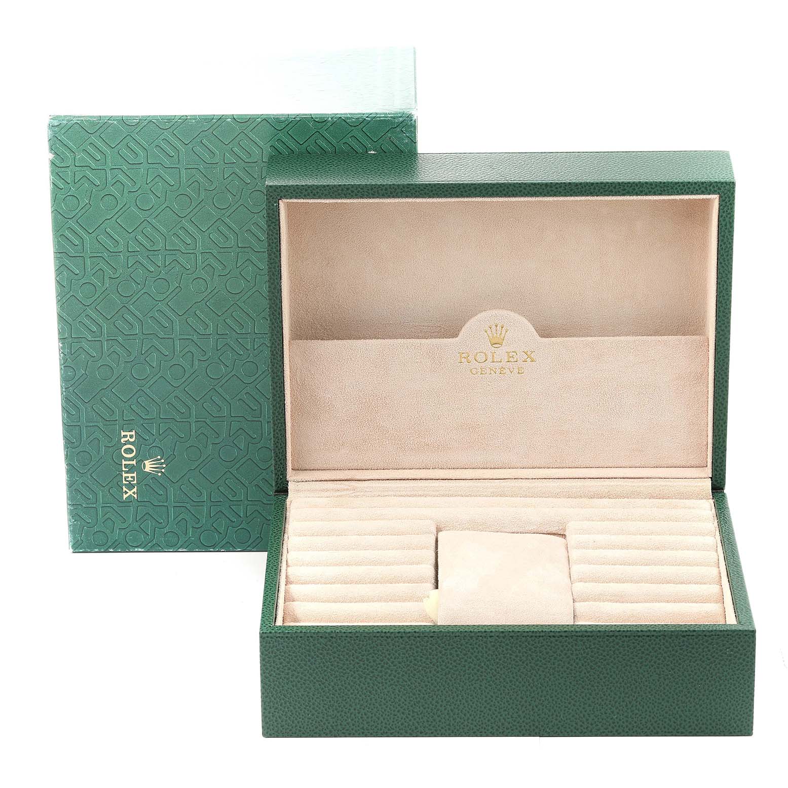 This image shows an open green Rolex President 118209 Men's White Gold Silver Dial 118209 Men's White Gold Silver Dial watch box, revealing compartments and a pillow for the watch.
