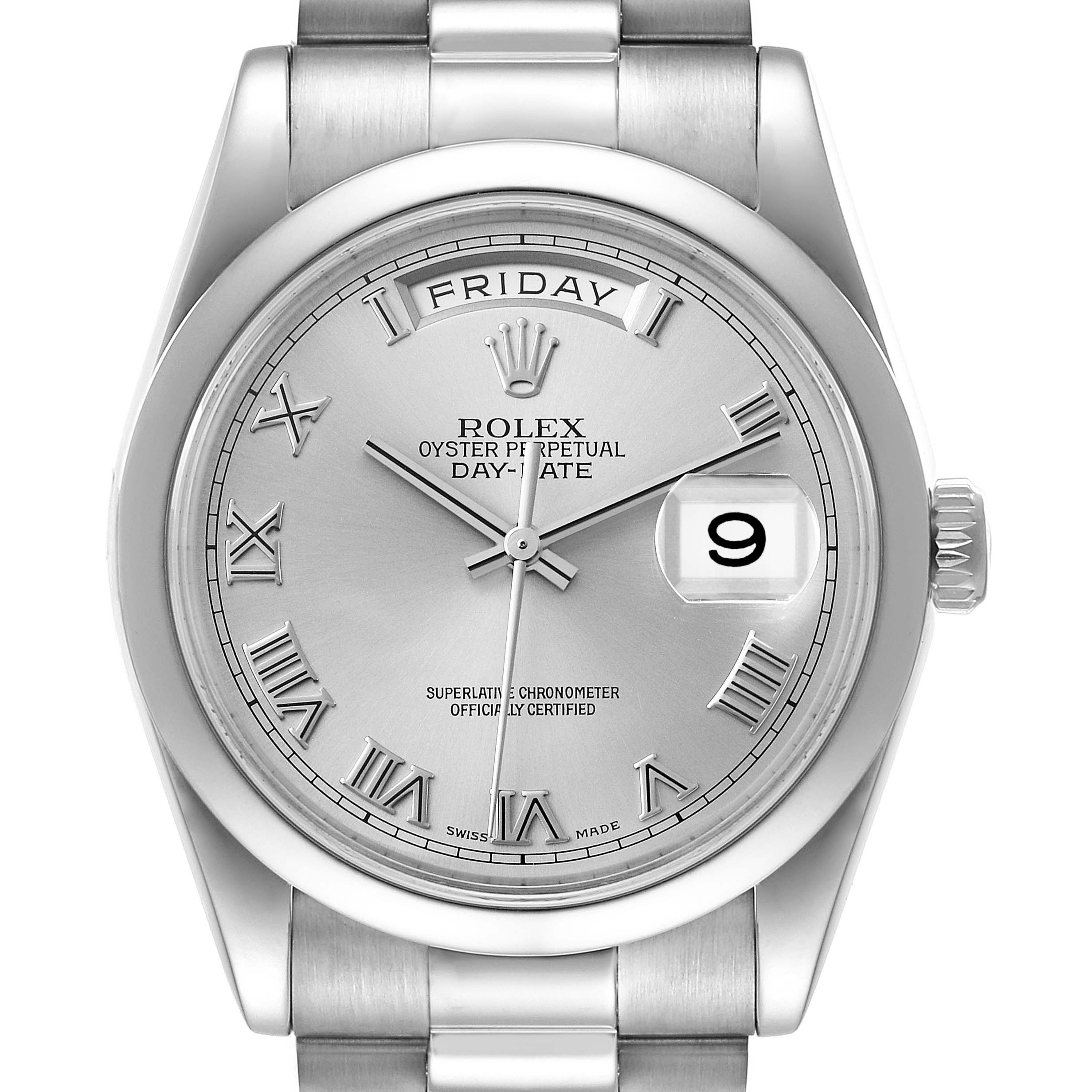 This image shows a front view of the Rolex President 118209 Men's White Gold Silver Dial 118209 Men's White Gold Silver Dial model watch, displaying its dial, day, date window, and bracelet.