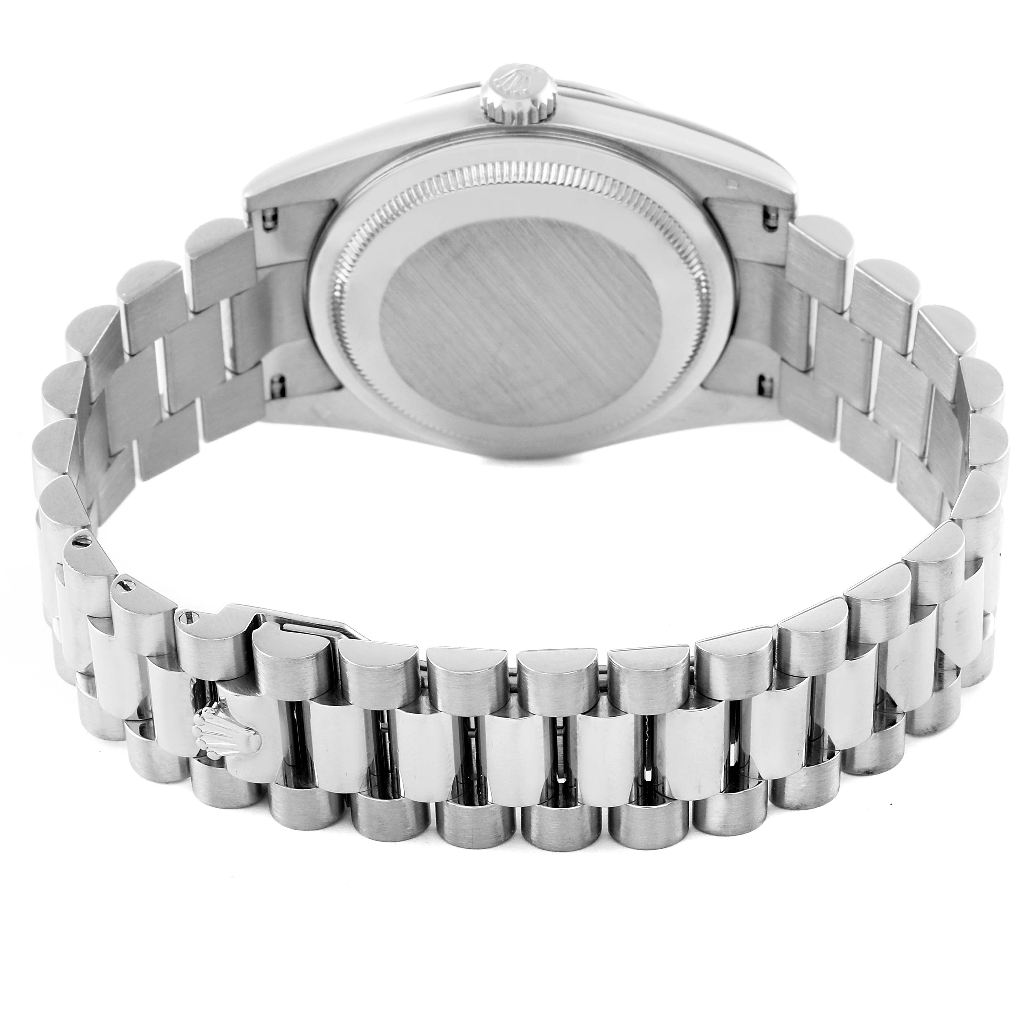 The image shows the case back and bracelet of the Rolex President 118209 Men's White Gold Silver Dial 118209 Men's White Gold Silver Dial model watch from a rear angle.
