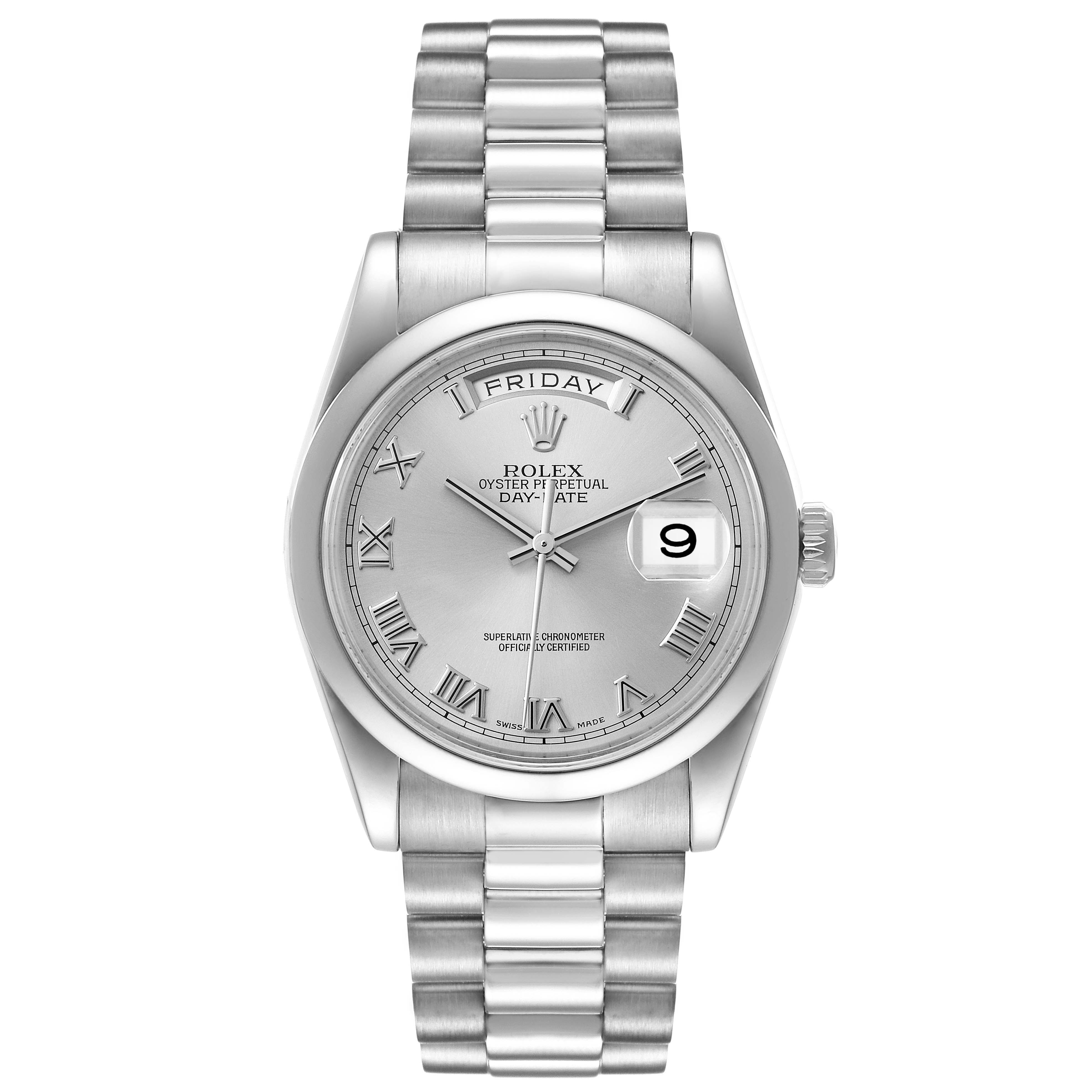 This image displays a frontal view of a Rolex President 118209 Men's White Gold Silver Dial 118209 Men's White Gold Silver Dial model watch, highlighting the dial, bracelet, and crown.