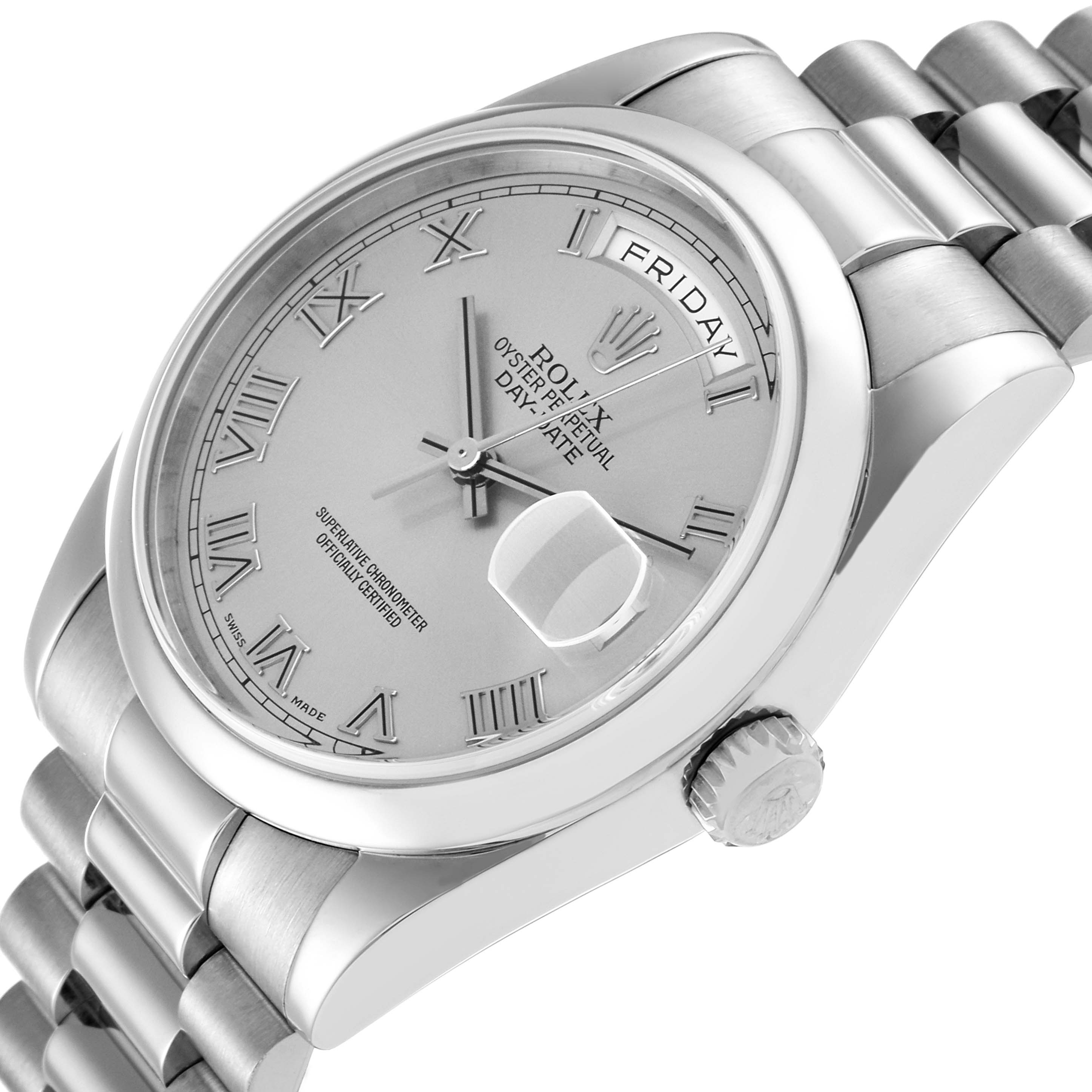 The image shows the dial, case, crown, and part of the bracelet of the Rolex President 118209 Men's White Gold Silver Dial 118209 Men's White Gold Silver Dial model watch at a slight angle.