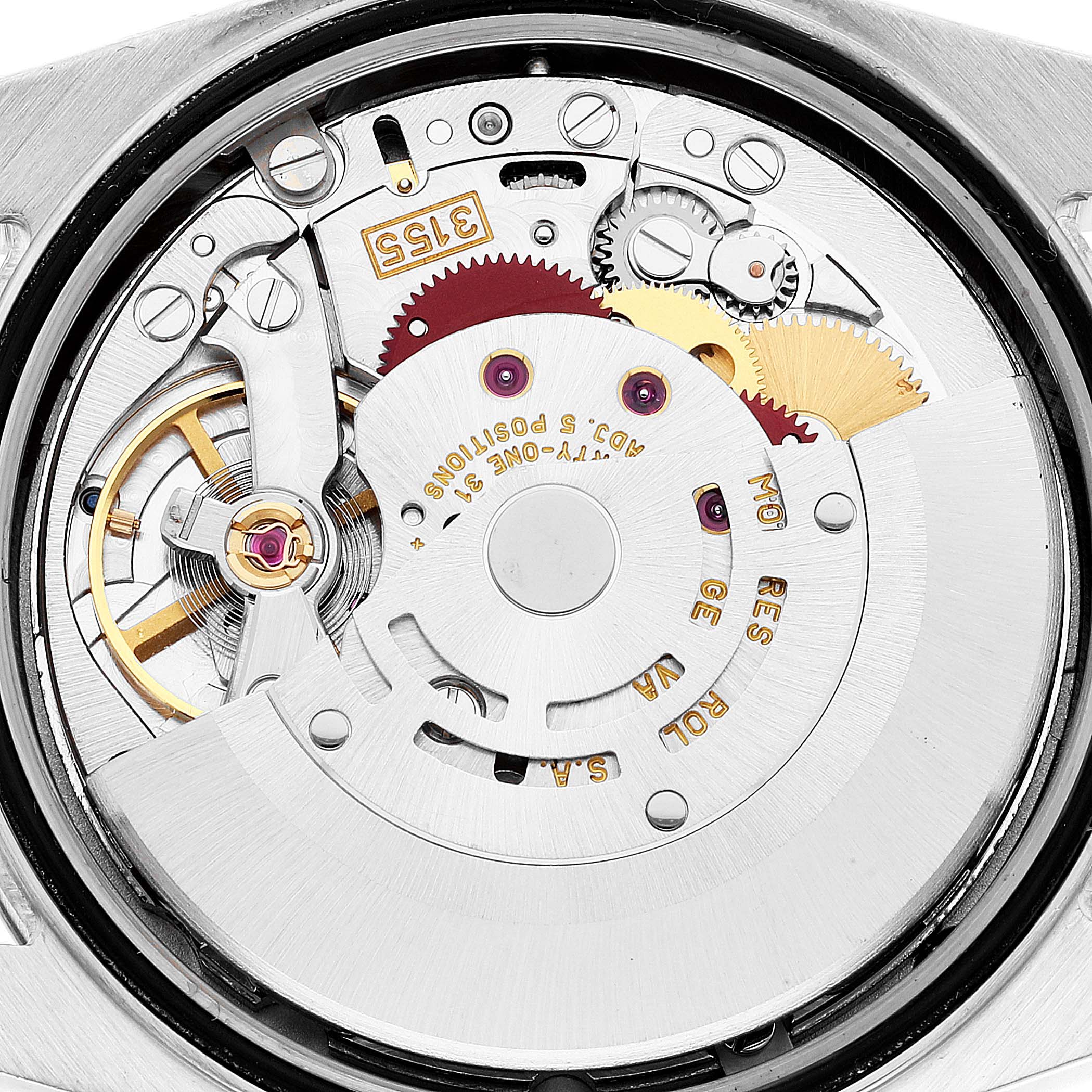 This is a close-up of the Rolex President 118209 Men's White Gold Silver Dial 118209 Men's White Gold Silver Dial model showcasing the intricate inner mechanical movement and components.