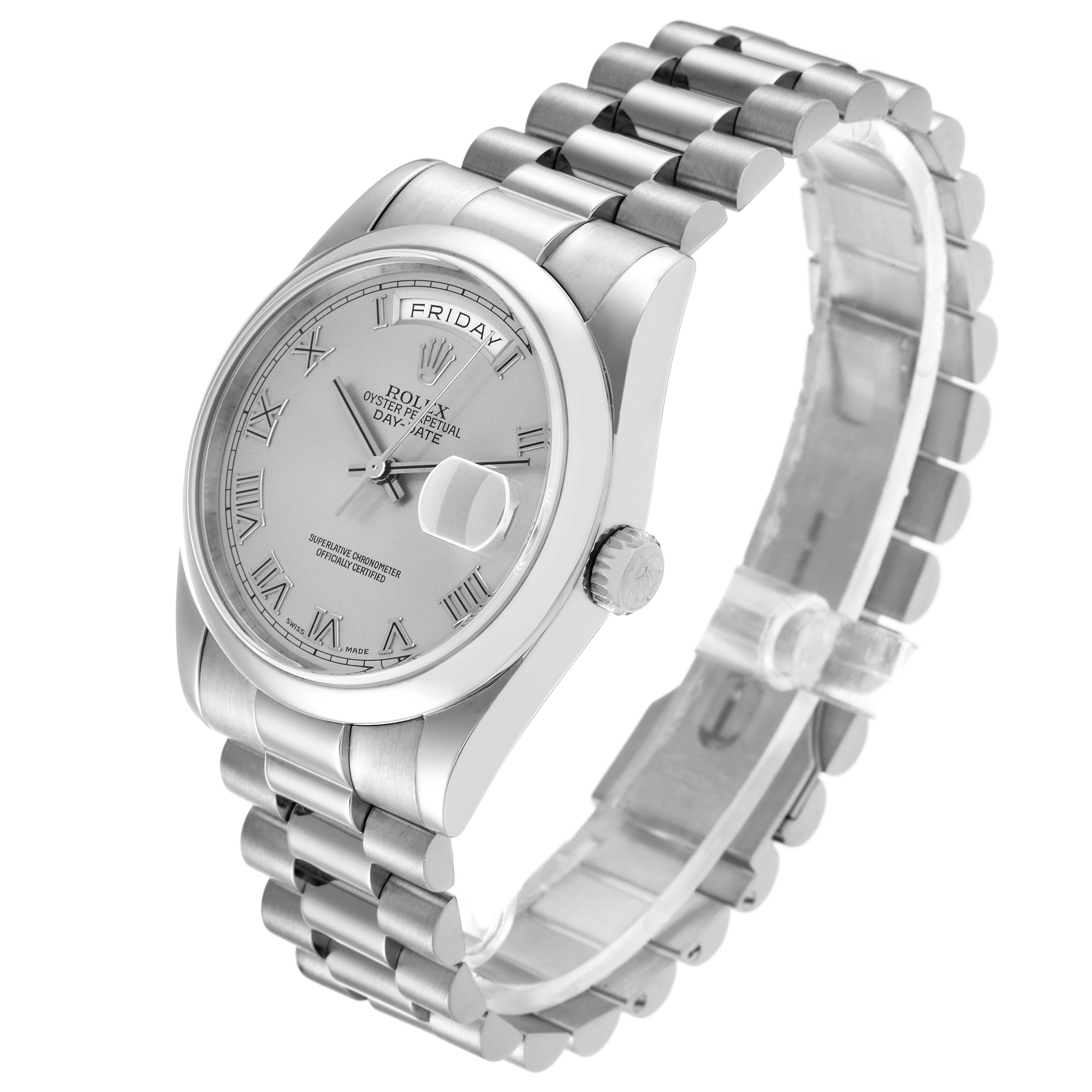 The Rolex President 118209 Men's White Gold Silver Dial 118209 Men's White Gold Silver Dial model watch is shown at a slight angle, displaying its face, band, crown, and part of the clasp.