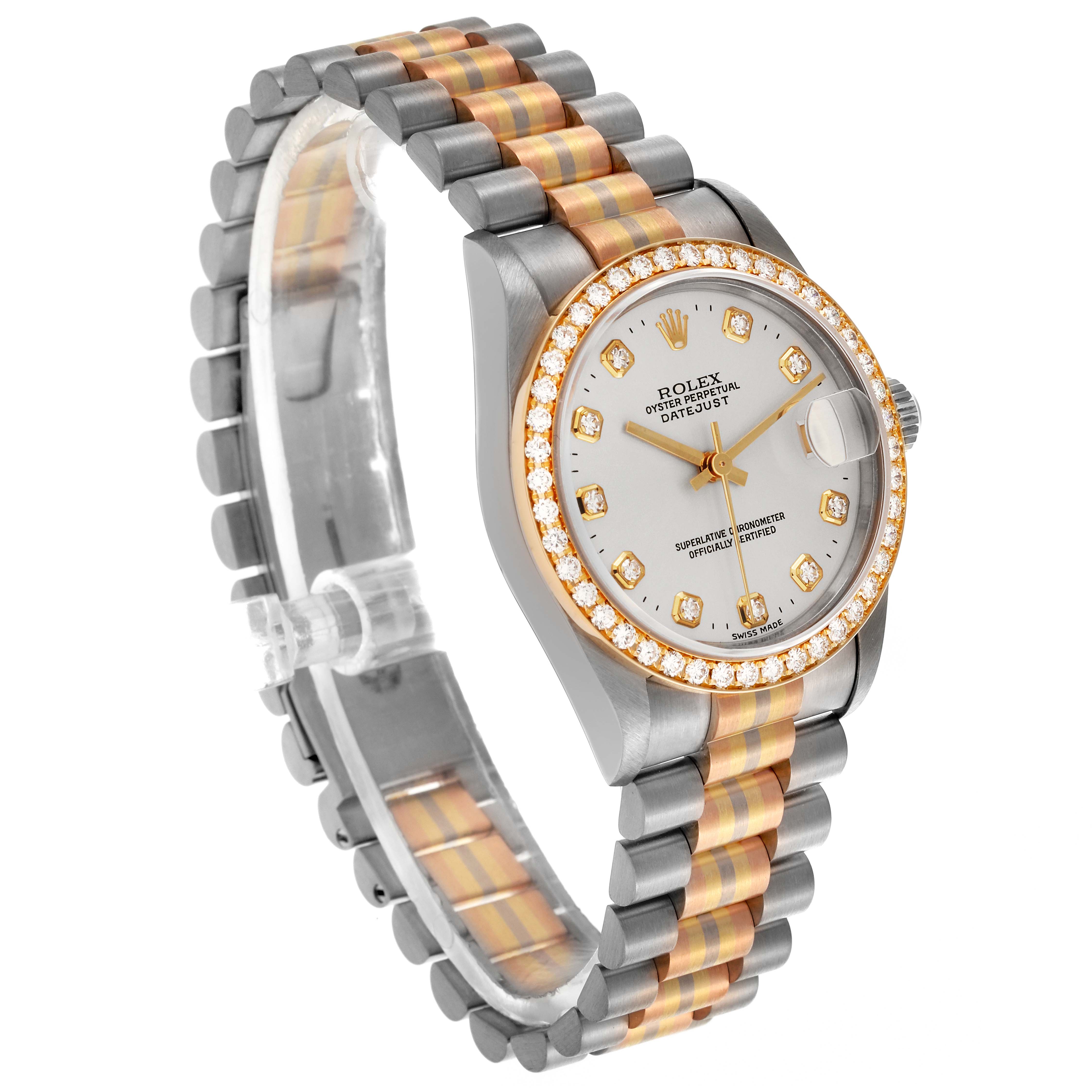 The Rolex President 68289 Women's White Gold Silver Dial 68289 Women's White Gold Silver Dial model is shown at a three-quarter angle, highlighting the face, bracelet, and diamond bezel.