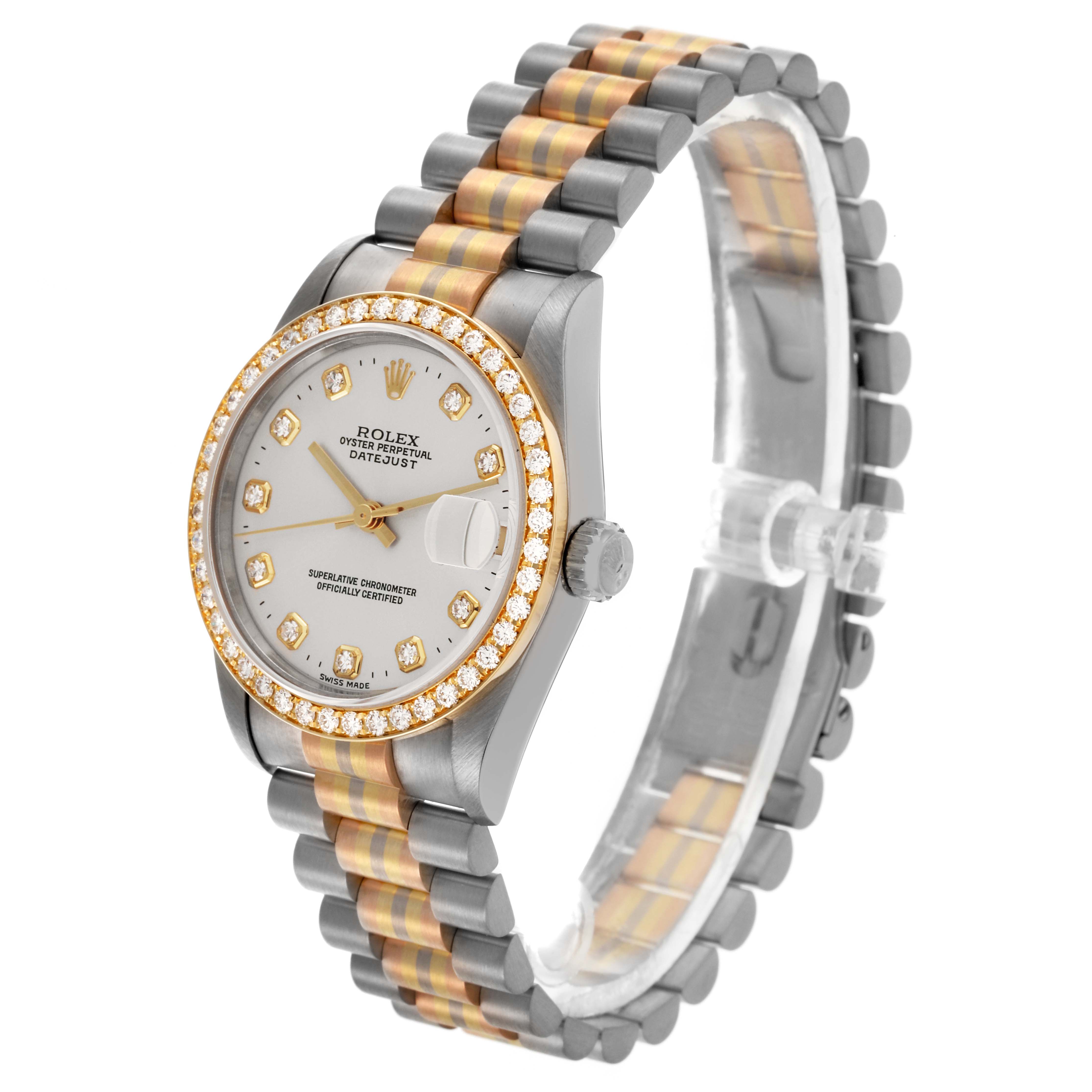 The Rolex President 68289 Women's White Gold Silver Dial 68289 Women's White Gold Silver Dial model watch is shown at a three-quarter angle, highlighting its face, bezel, and bracelet.