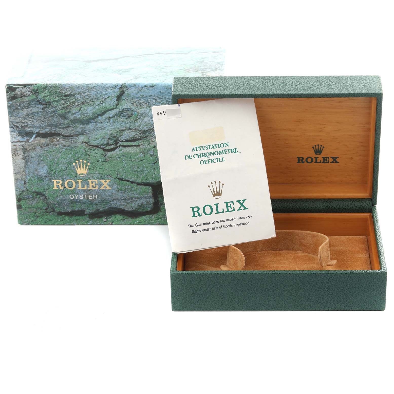 The image shows the open box and papers for a Rolex President 68289 Women's White Gold Silver Dial 68289 Women's White Gold Silver Dial model, without the watch.