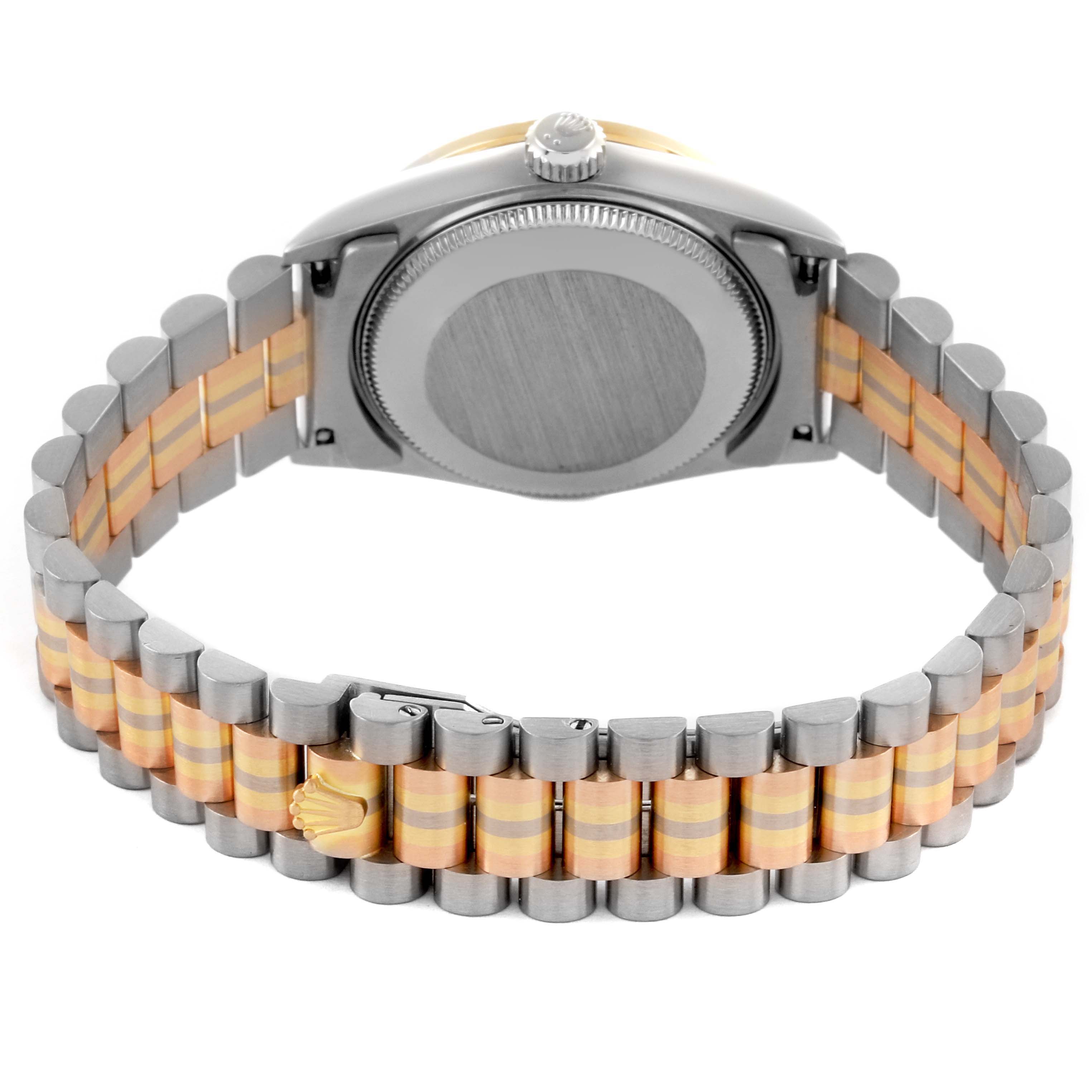 The image shows the back of the Rolex President 68289 Women's White Gold Silver Dial 68289 Women's White Gold Silver Dial watch, highlighting the bracelet and clasp.