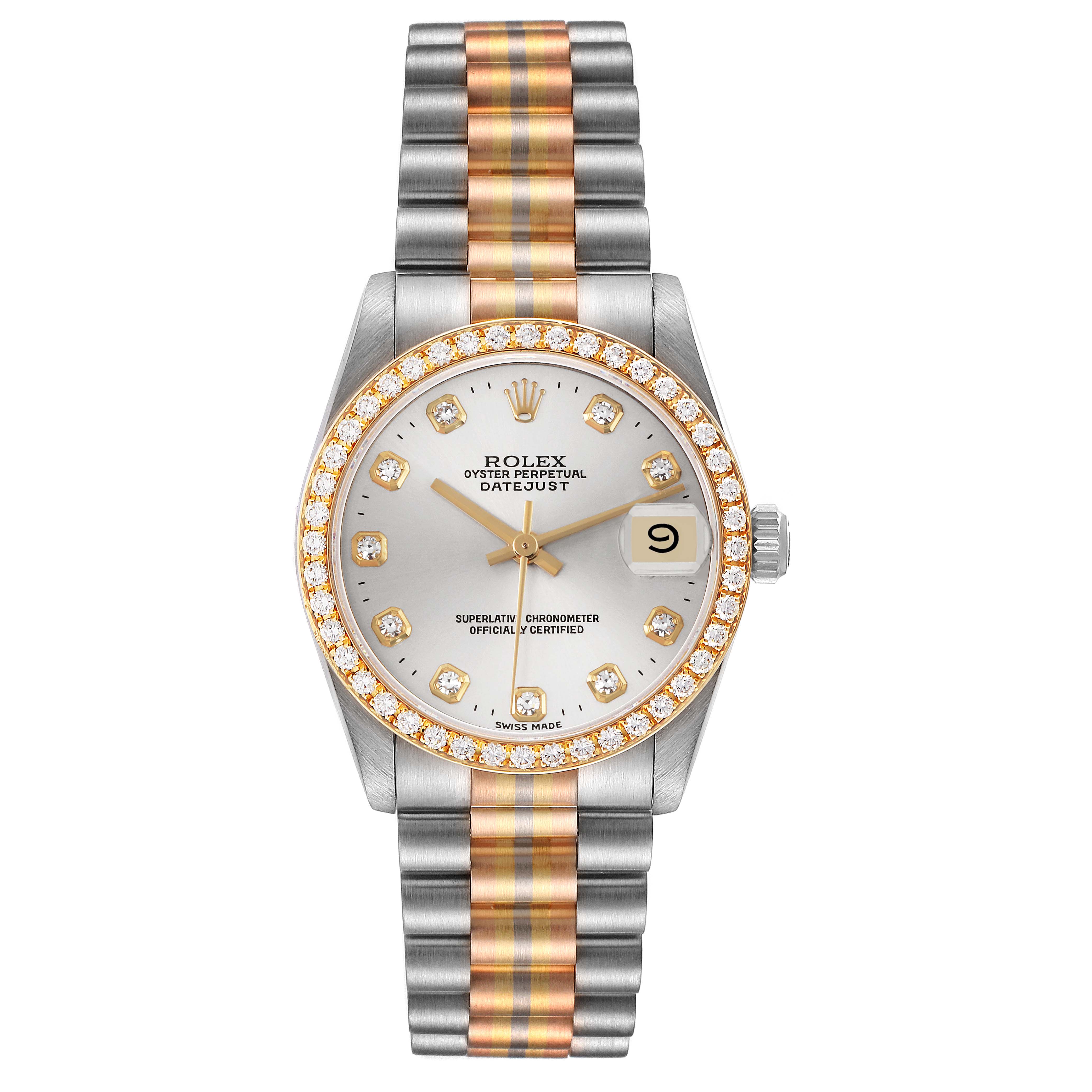 The Rolex President 68289 Women's White Gold Silver Dial 68289 Women's White Gold Silver Dial model is shown from the front, highlighting the face, diamond bezel, and two-tone bracelet.