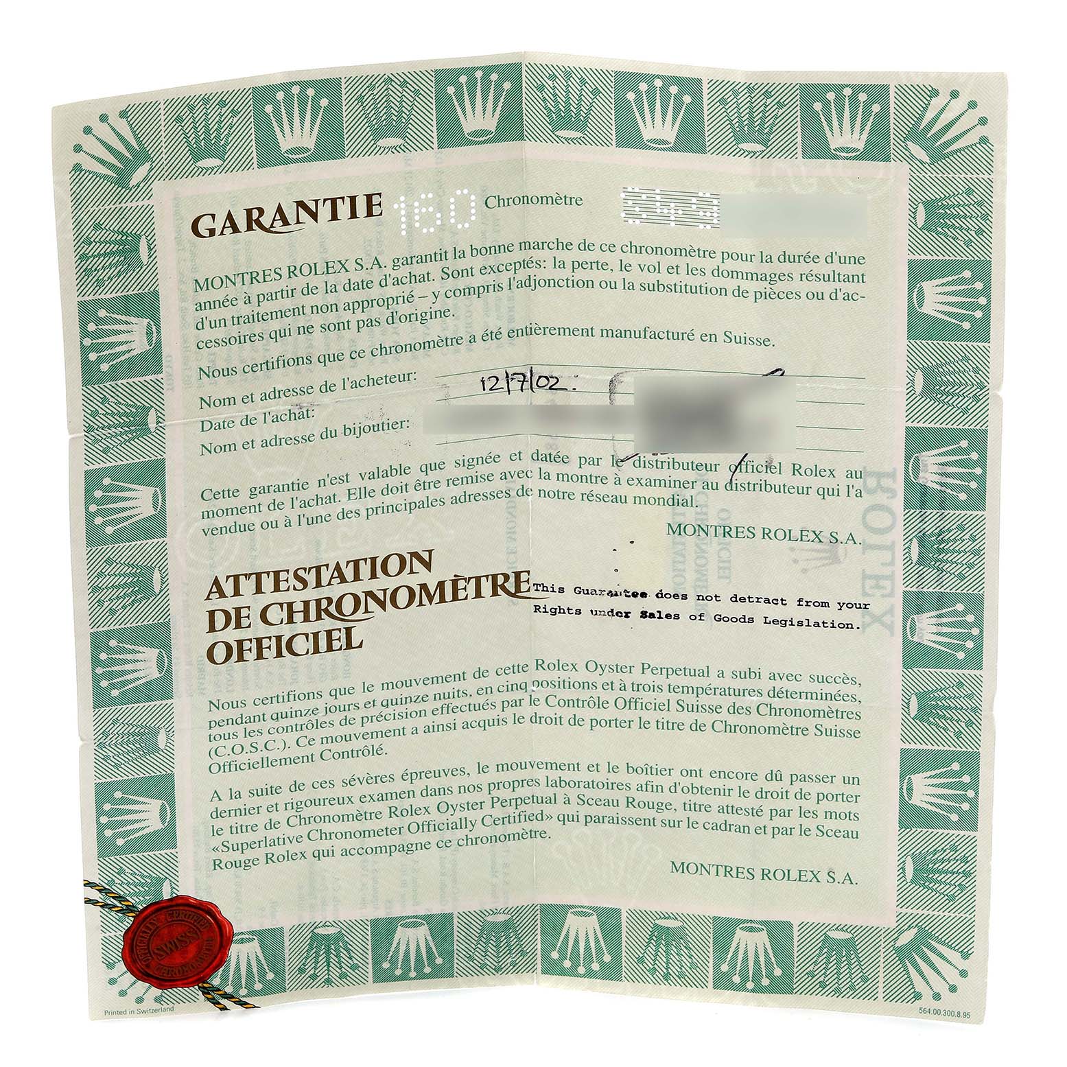 The image shows a warranty certificate for the Rolex President 68289 Women's White Gold Silver Dial 68289 Women's White Gold Silver Dial model, highlighting ownership and authenticity details.