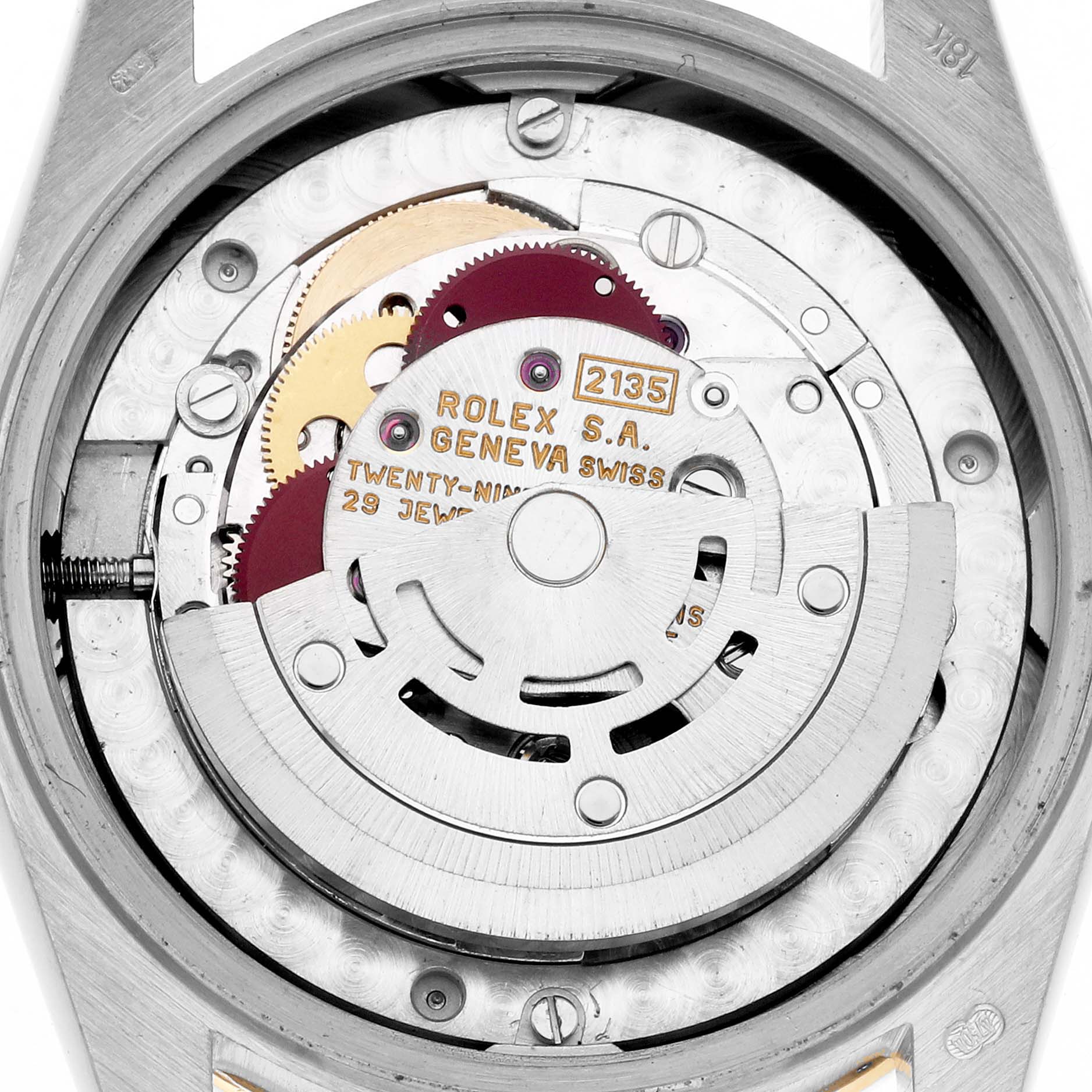 The image shows the movement mechanism of a Rolex President 68289 Women's White Gold Silver Dial 68289 Women's White Gold Silver Dial watch, focusing on its intricate gears and rotor.