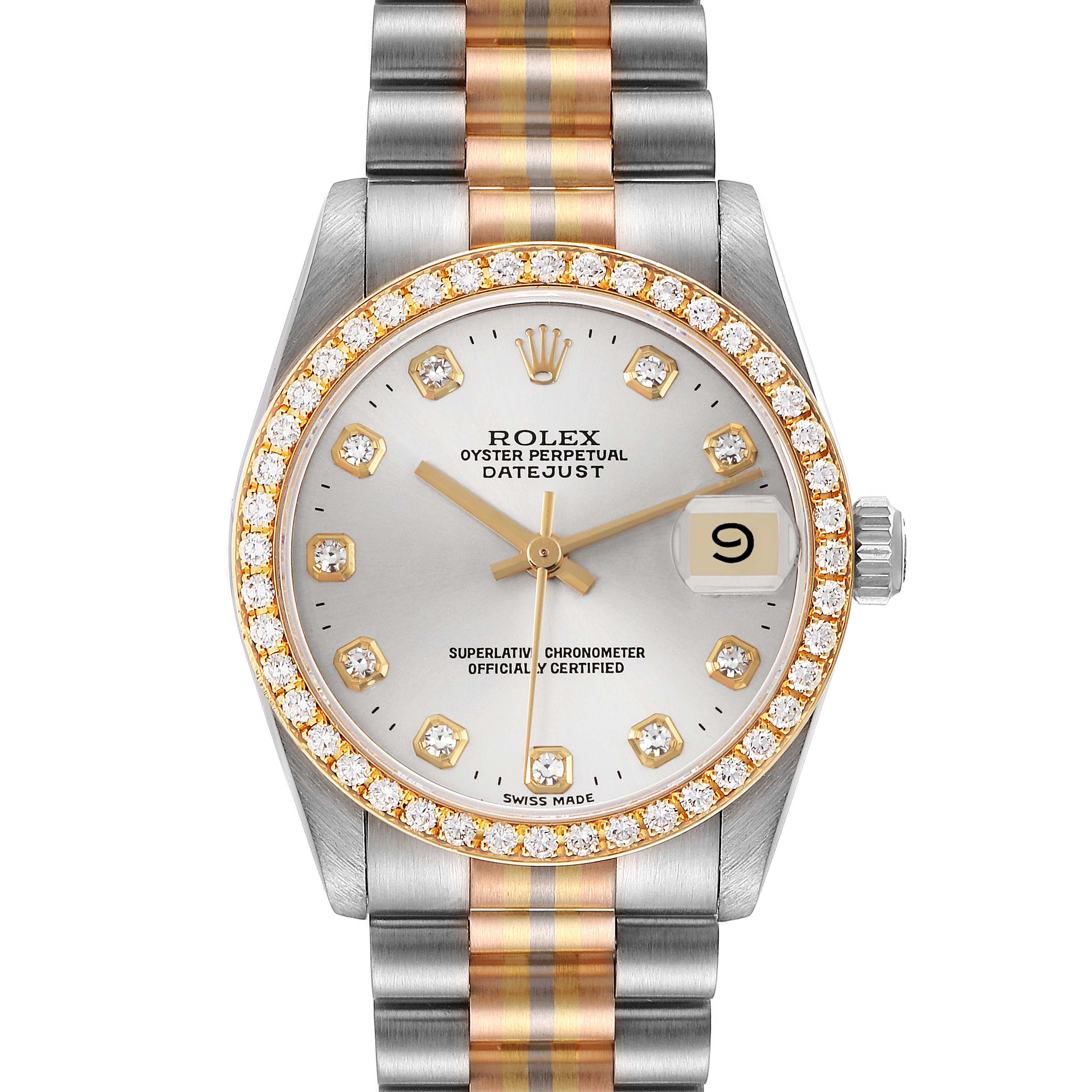 The Rolex President 68289 Women's White Gold Silver Dial 68289 Women's White Gold Silver Dial model is shown from the front, highlighting its dial, bezel, and bracelet.