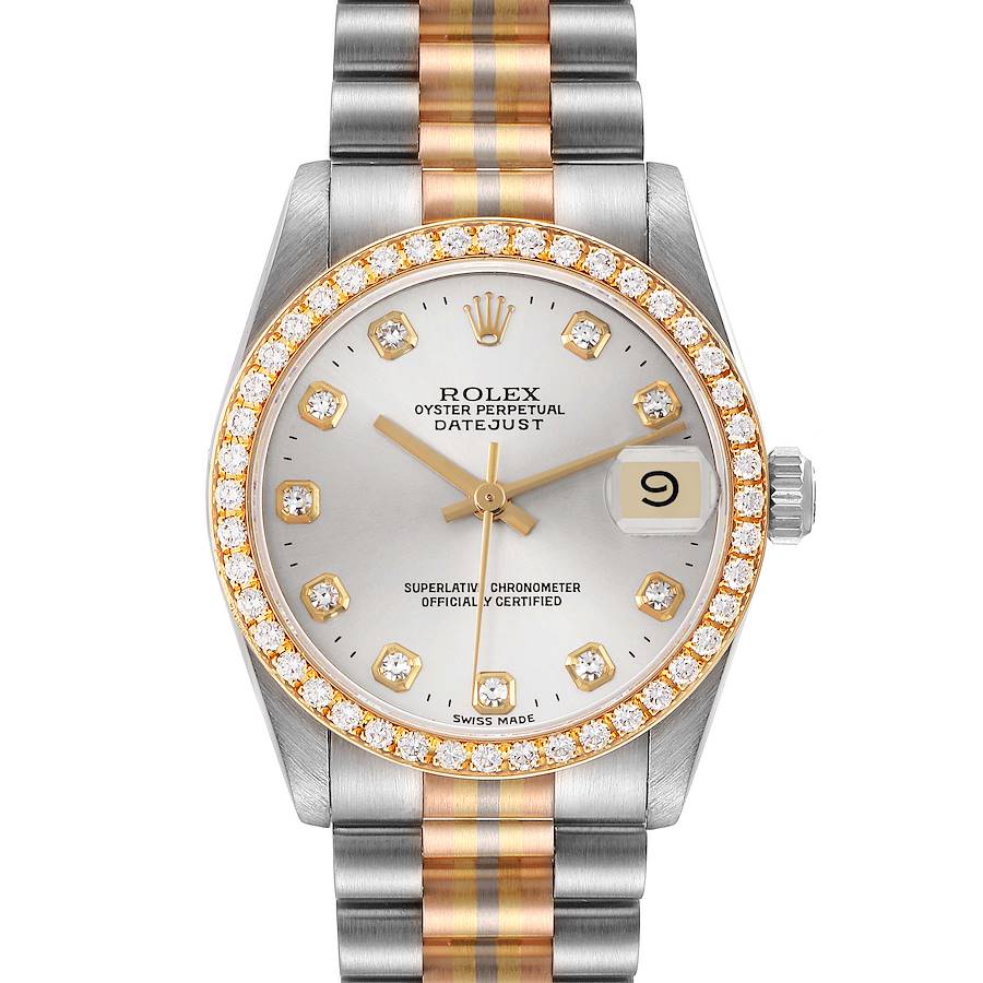 The Rolex President model is shown from the front, highlighting its dial, bezel, and bracelet.