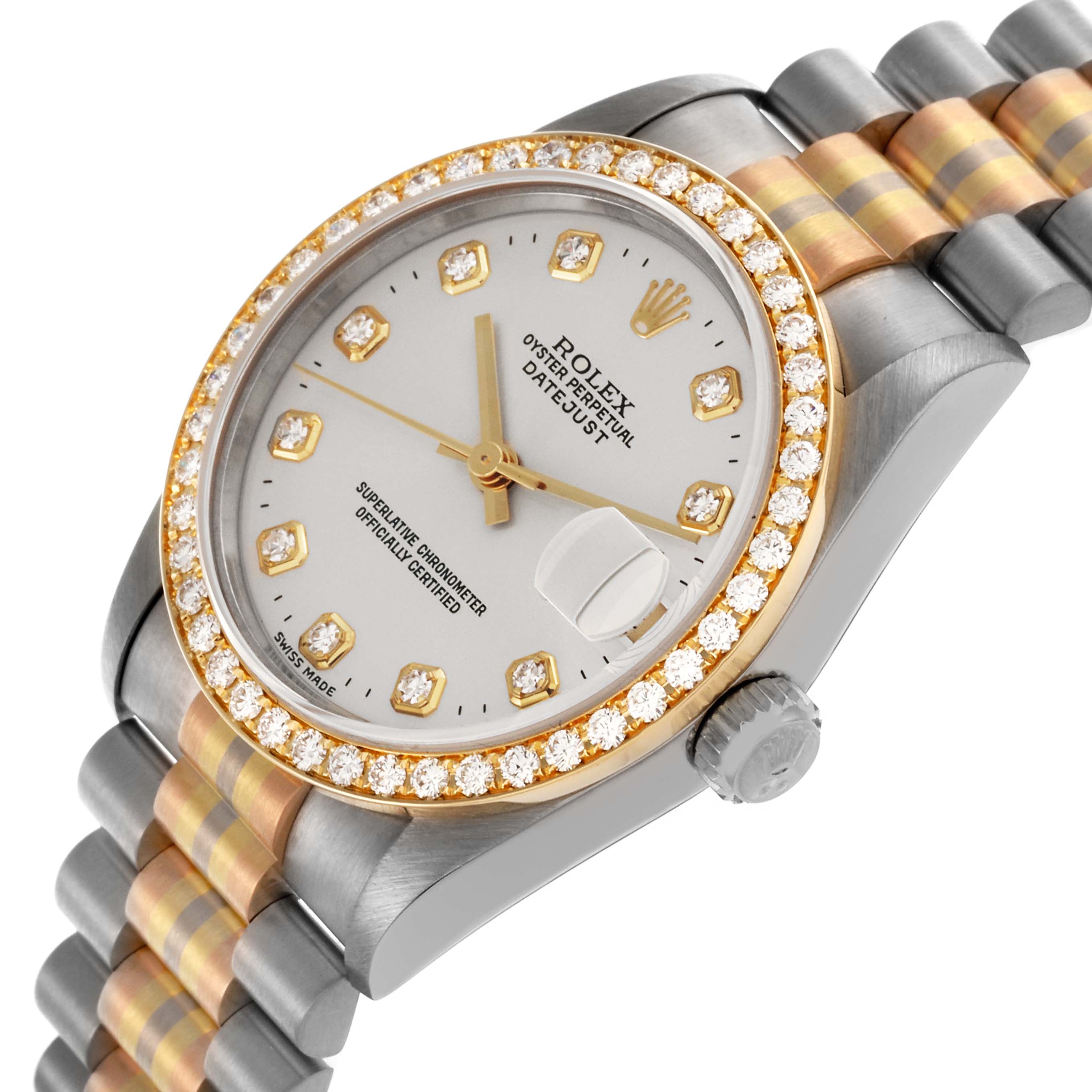 The Rolex President 68289 Women's White Gold Silver Dial 68289 Women's White Gold Silver Dial model is shown at an angled view, highlighting its diamond bezel, dial, and two-tone bracelet.