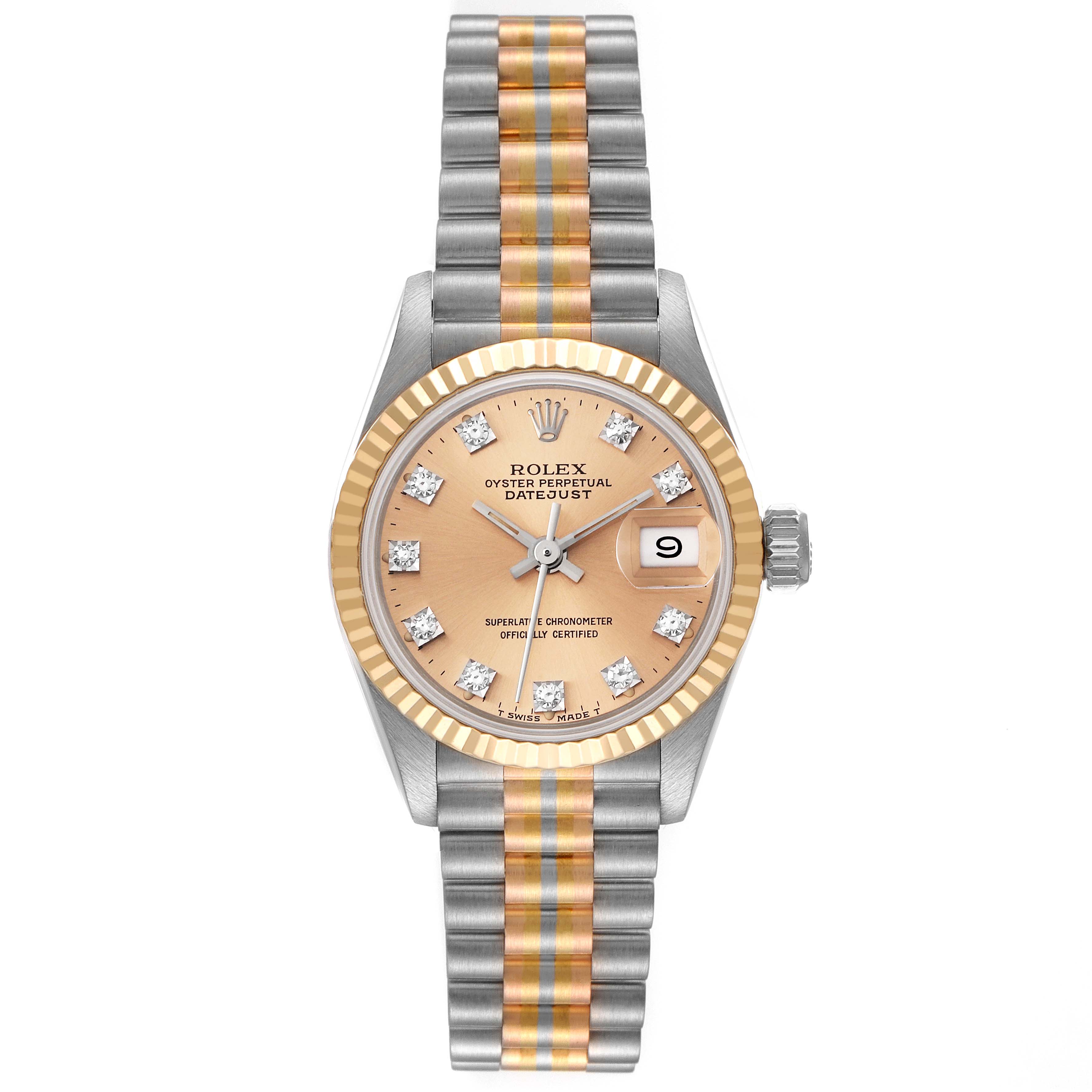This image shows the front view of a Rolex President 69179G Women
s White Gold Champagne Dial 69179G Women
s White Gold Champagne Dial model watch, highlighting its dial, fluted bezel, and Jubilee bracelet.