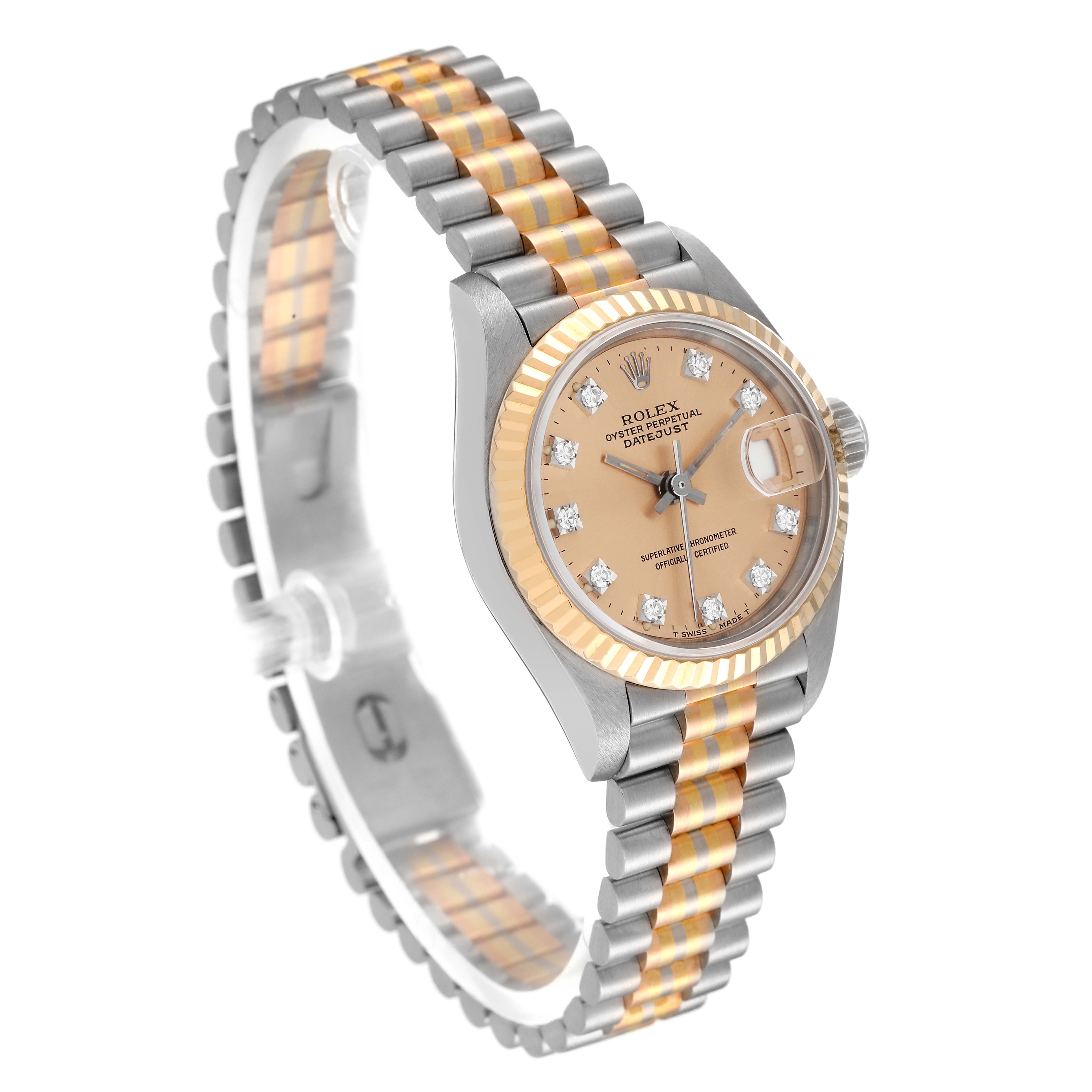 The Rolex President 69179G Women
s White Gold Champagne Dial 69179G Women
s White Gold Champagne Dial model watch is shown at a three-quarter angle, highlighting its face, bezel, and two-tone bracelet.