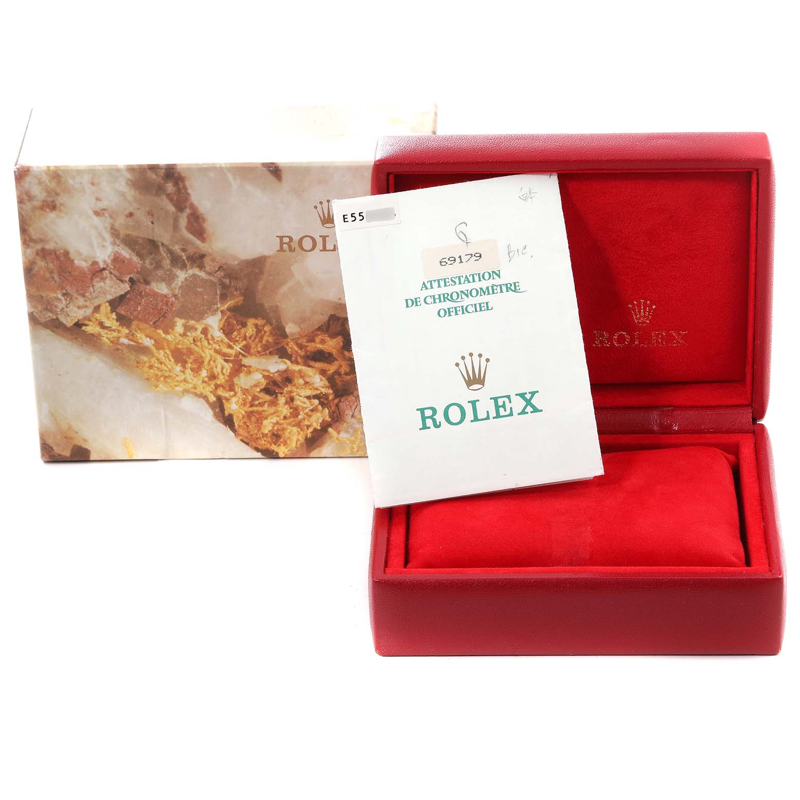 The image shows the packaging and certificate for a Rolex President 69179G Women
s White Gold Champagne Dial 69179G Women
s White Gold Champagne Dial model watch, including a branded box and an official chronometer attestation.