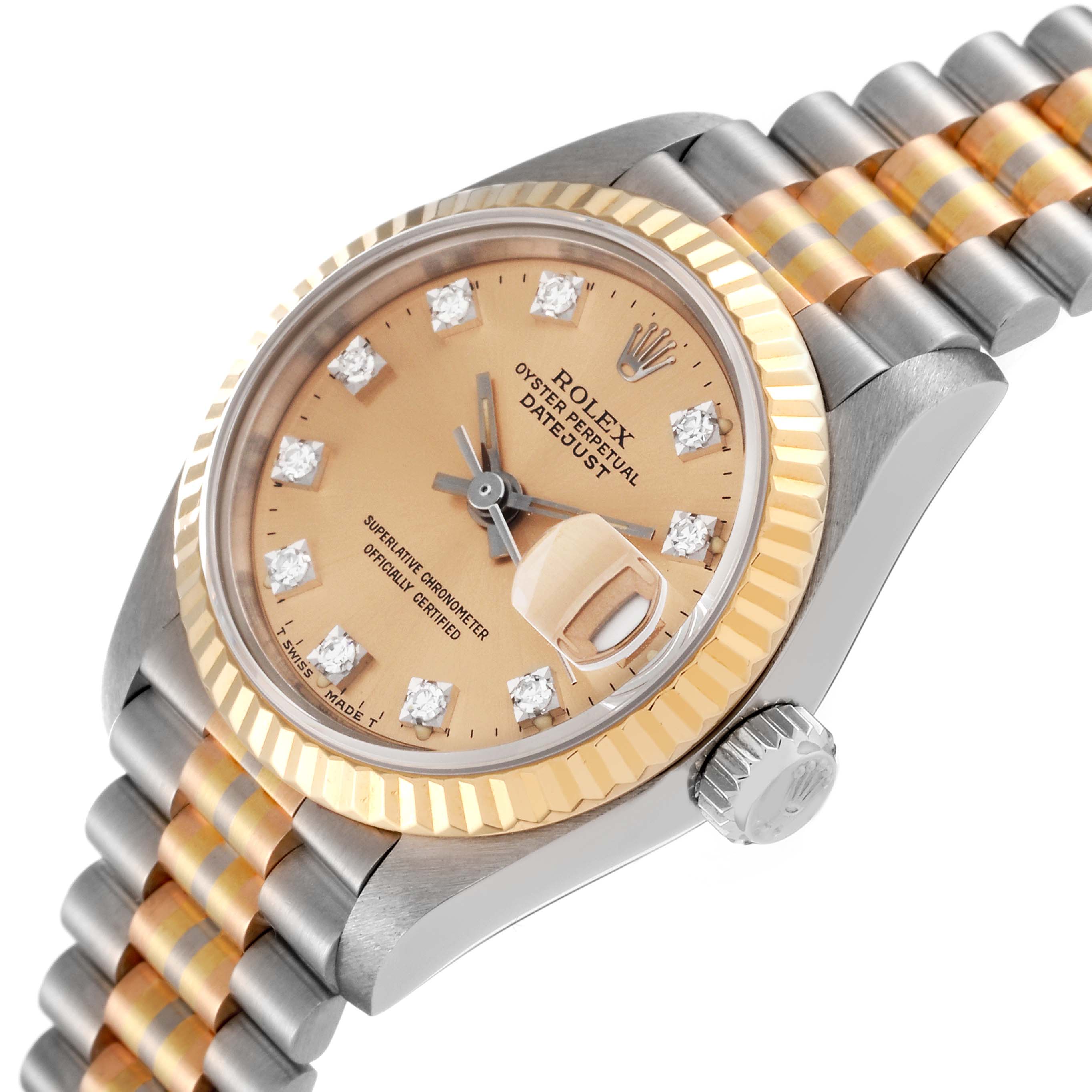 The image shows a close-up of the Rolex President 69179G Women
s White Gold Champagne Dial 69179G Women
s White Gold Champagne Dial model watch, highlighting the bracelet, dial, bezel, crown, and date window.