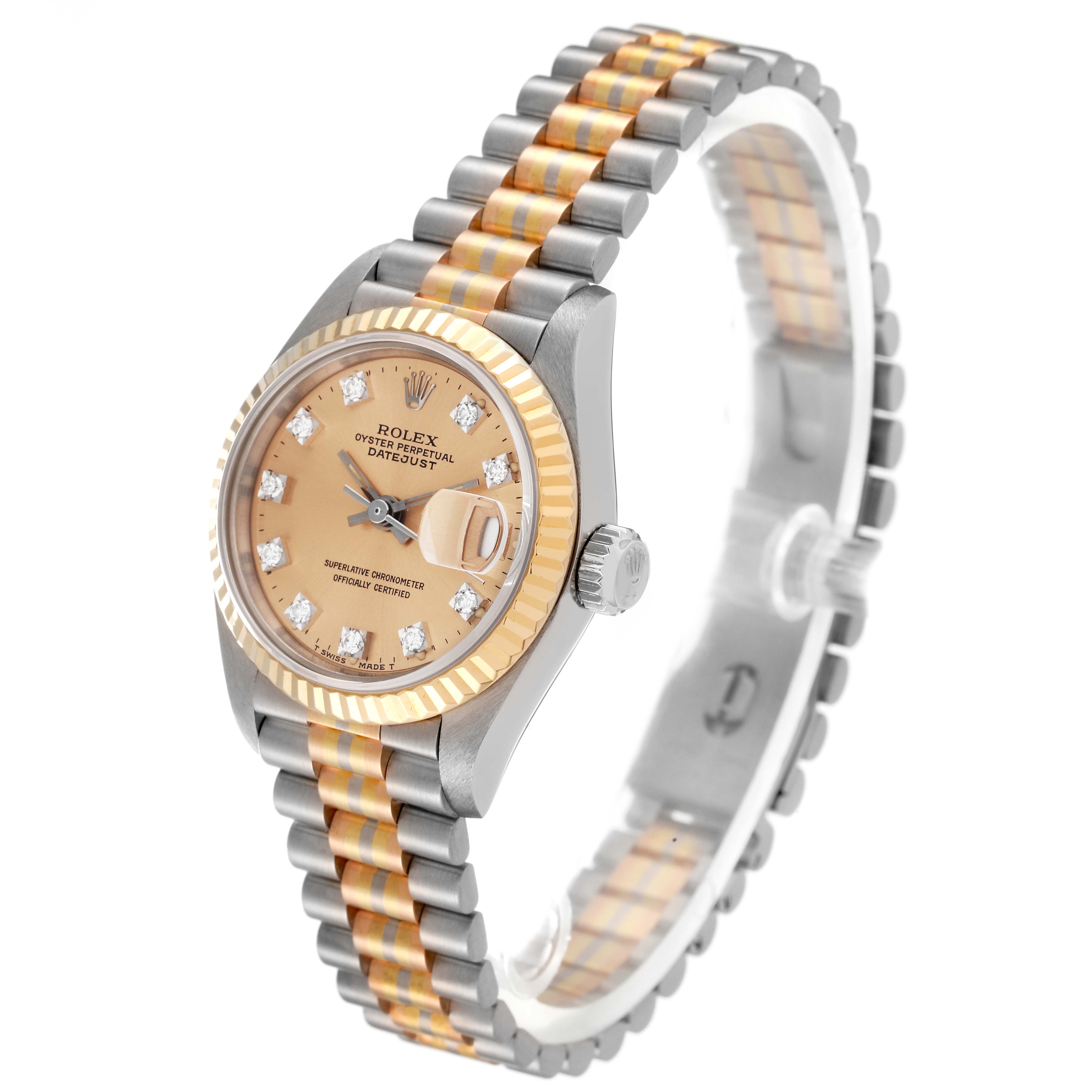 The image shows a Rolex President 69179G Women
s White Gold Champagne Dial 69179G Women
s White Gold Champagne Dial model watch at a 3/4 angle, with its face, bezel, and bracelet visible.