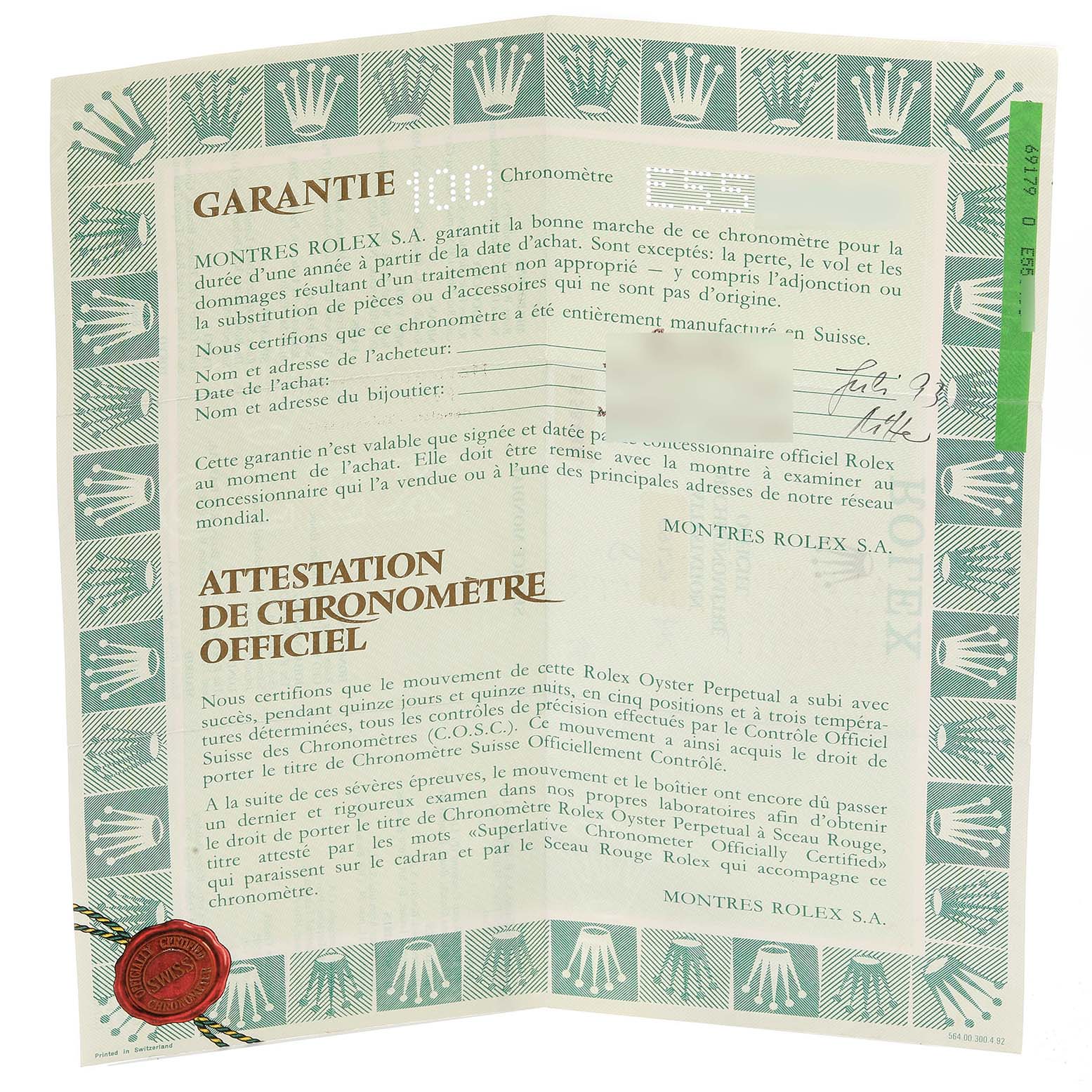 The image shows a warranty and chronometer certification document for the Rolex President 69179G Women
s White Gold Champagne Dial 69179G Women
s White Gold Champagne Dial model watch.