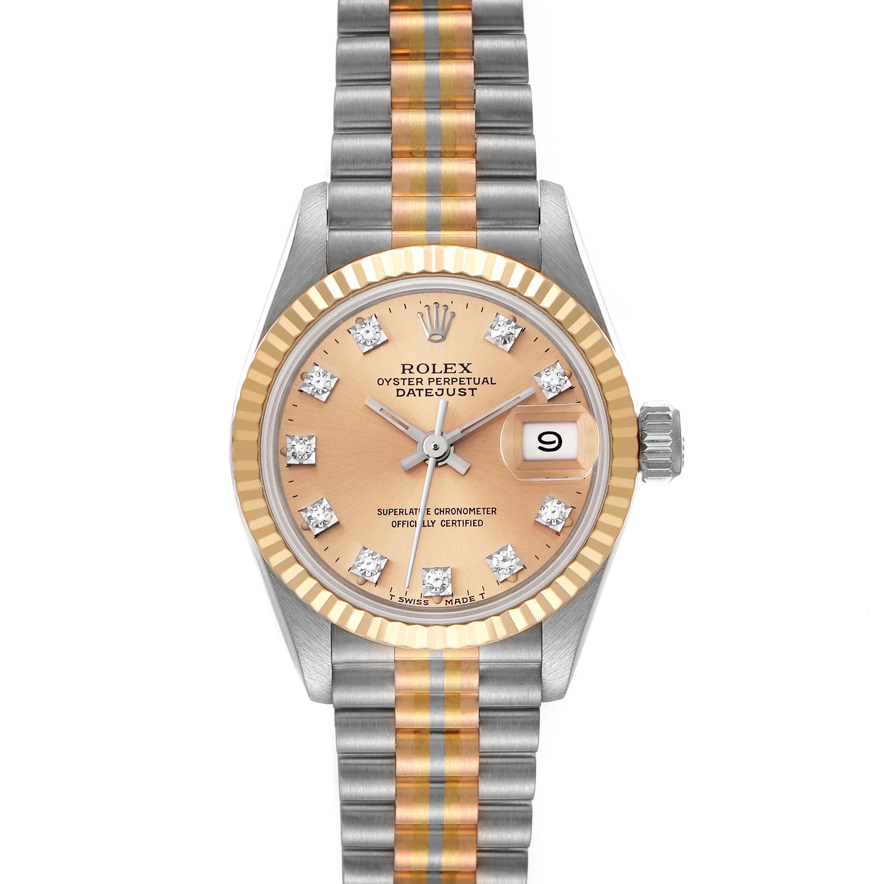 This image shows a frontal view of a Rolex President 69179G Women
s White Gold Champagne Dial 69179G Women
s White Gold Champagne Dial model watch, including the bracelet, bezel, dial, and date window.
