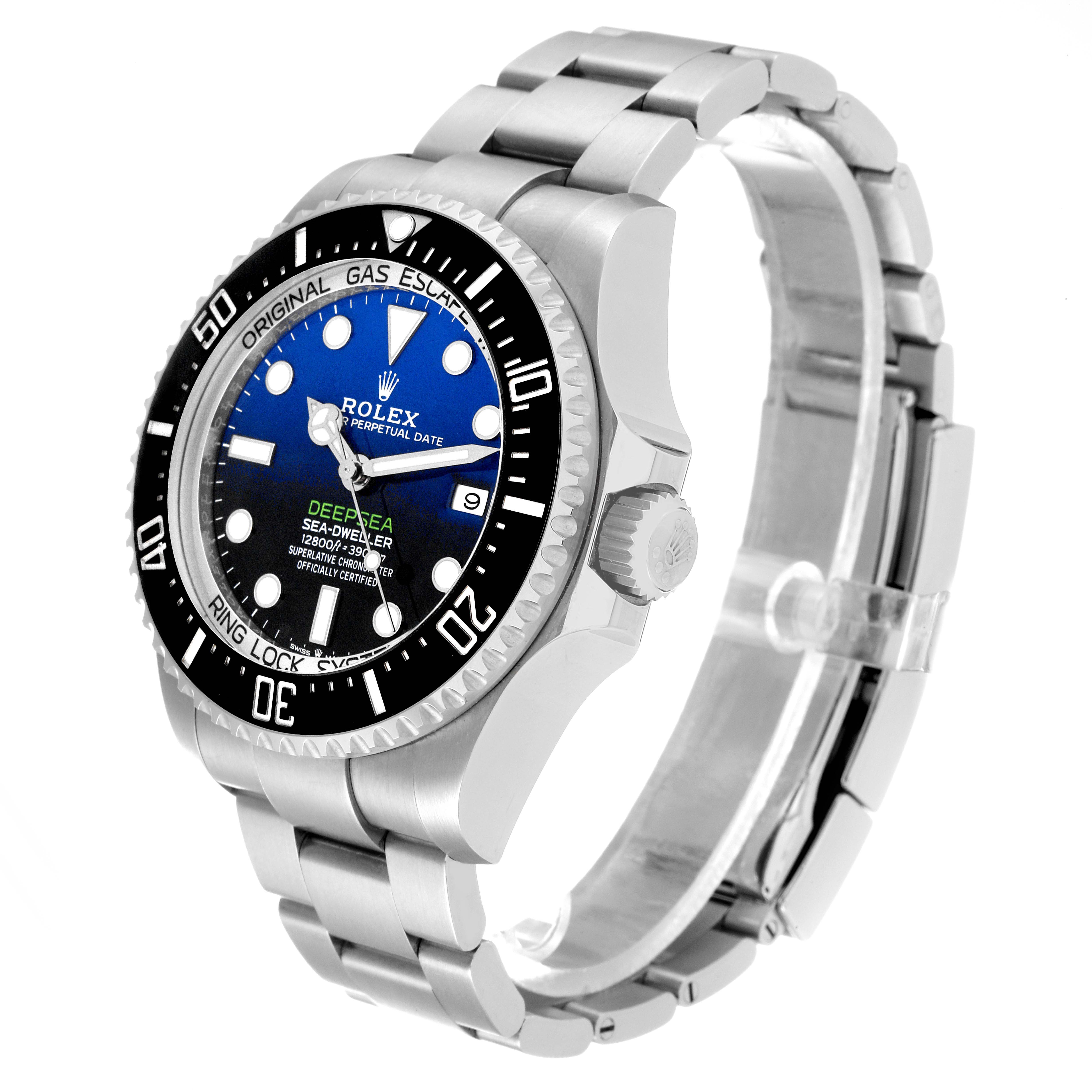 The image shows a side view of a Rolex Sea-Dweller 126660 Men
s Stainless Steel Blue Dial 126660 Men
s Stainless Steel Blue Dial watch, highlighting the bezel, dial, crown, and bracelet.