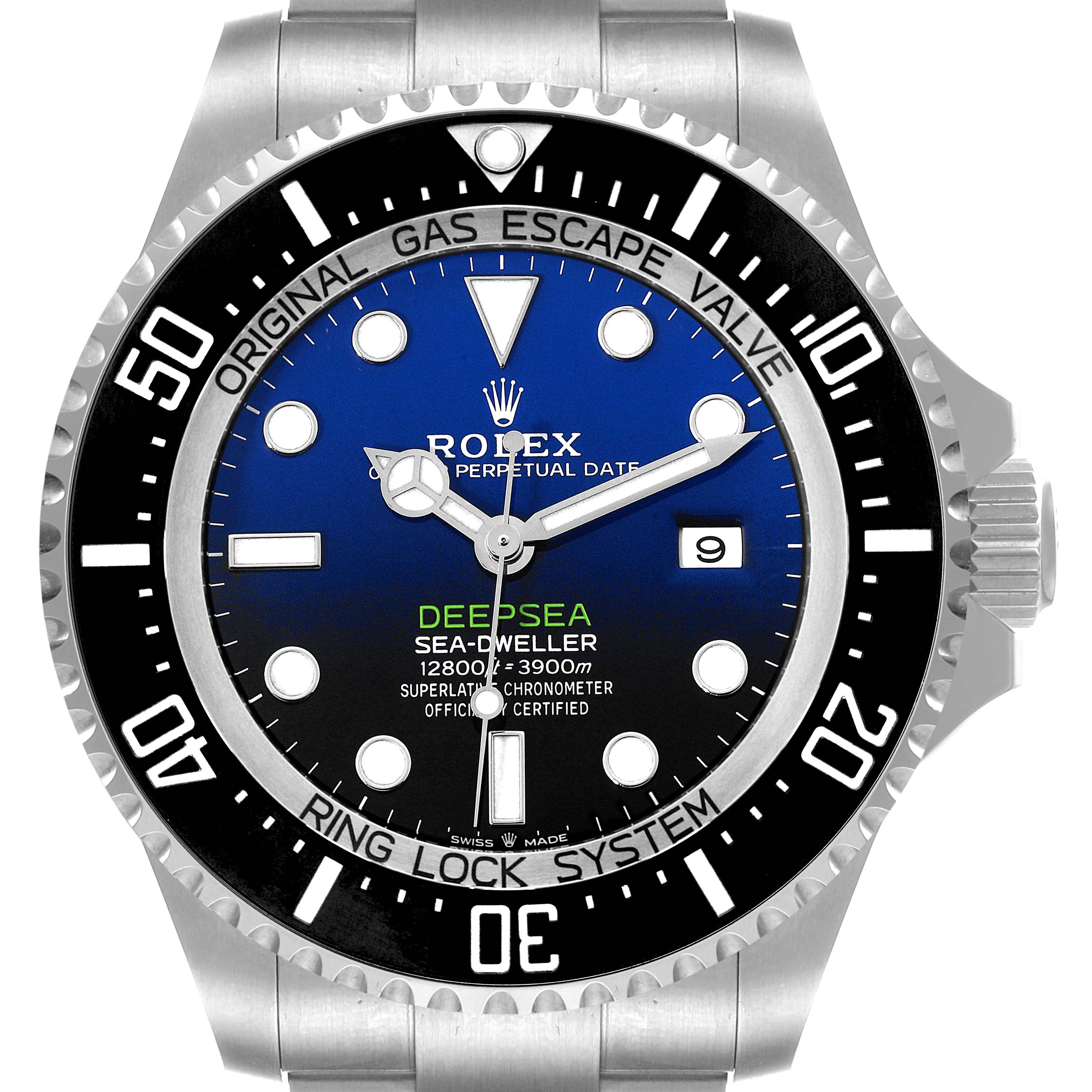 This image shows a front view of the Rolex Sea-Dweller 126660 Men
s Stainless Steel Blue Dial 126660 Men
s Stainless Steel Blue Dial Deepsea watch, highlighting the dial, bezel, and bracelet.
