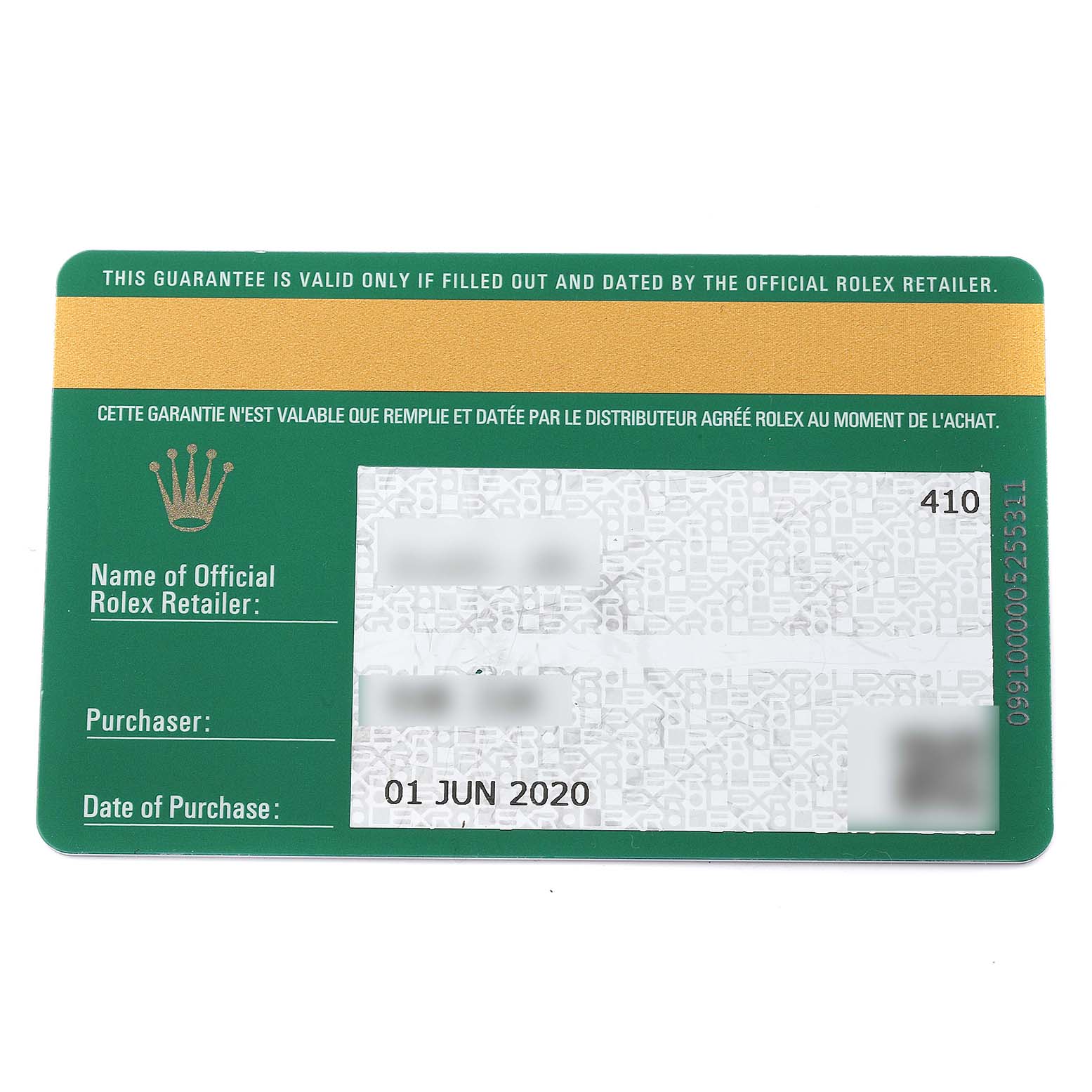 This image shows the warranty card for a Rolex Sea-Dweller 126660 Men
s Stainless Steel Blue Dial 126660 Men
s Stainless Steel Blue Dial, with fields for the retailer, purchaser, and purchase date.