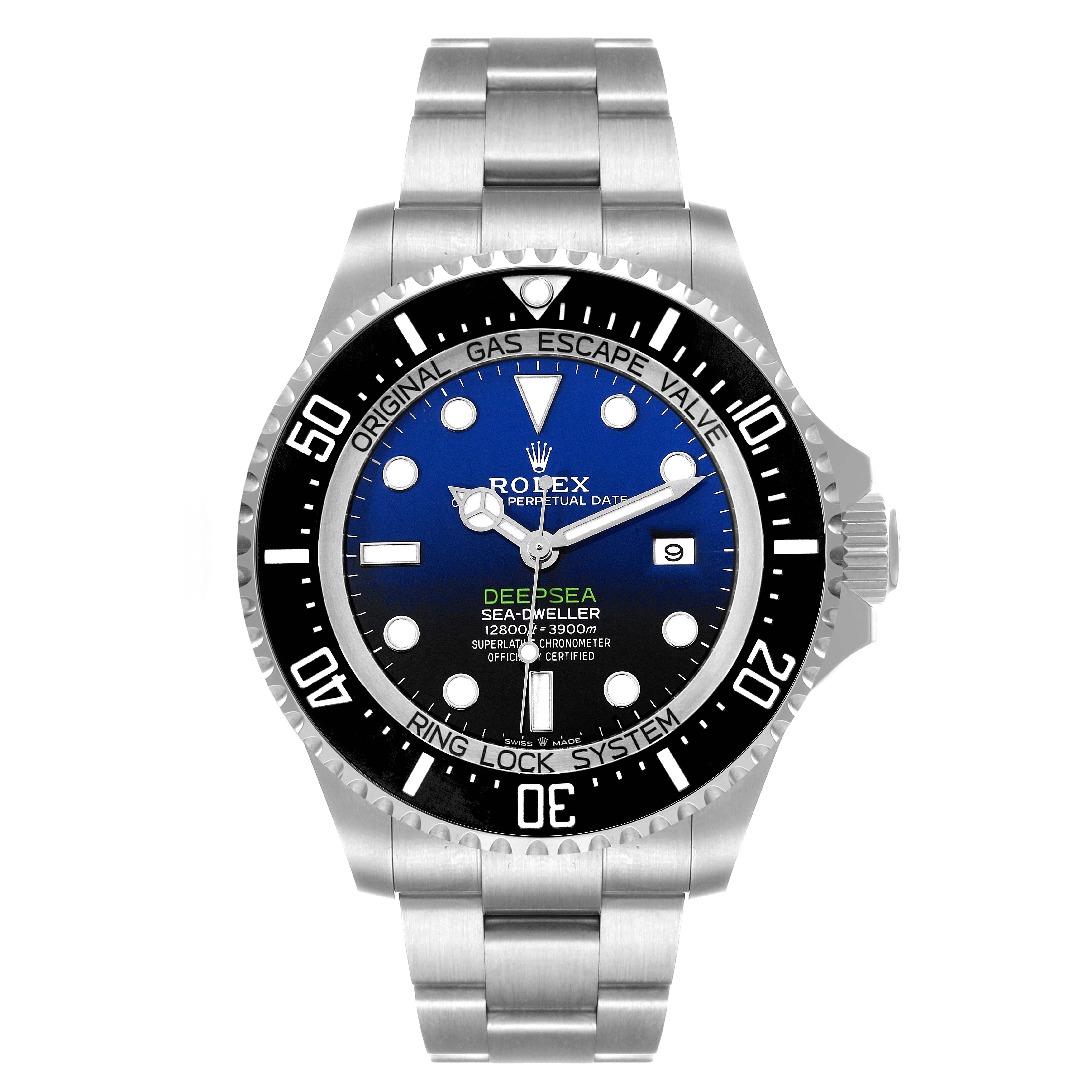 The image shows a front view of the Rolex Sea-Dweller 126660 Men
s Stainless Steel Blue Dial 126660 Men
s Stainless Steel Blue Dial Deepsea watch, highlighting its dial, bezel, and bracelet.