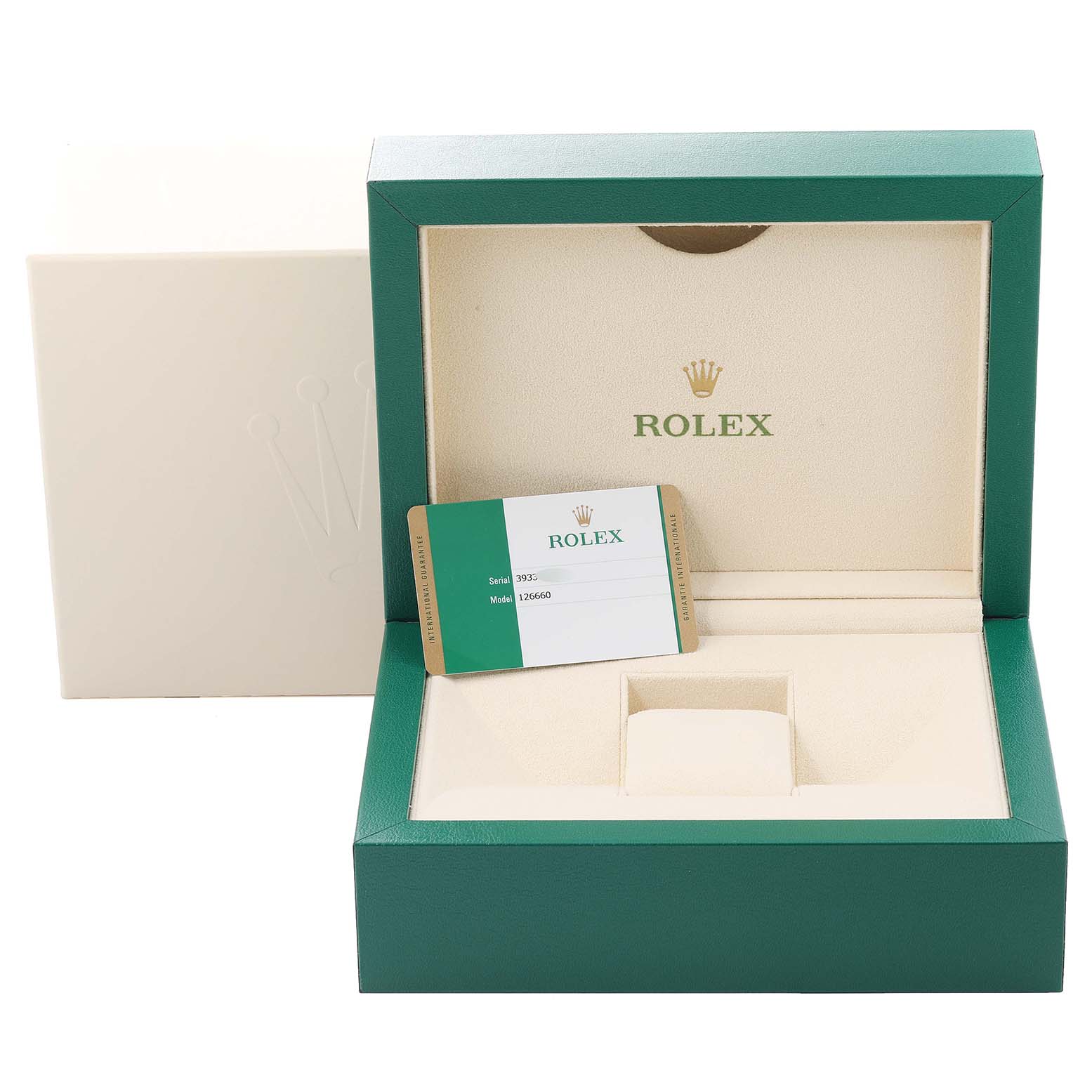 The image shows an open Rolex Sea-Dweller 126660 Men
s Stainless Steel Blue Dial 126660 Men
s Stainless Steel Blue Dial watch box displaying the Best Quality
ation card for model 126660.