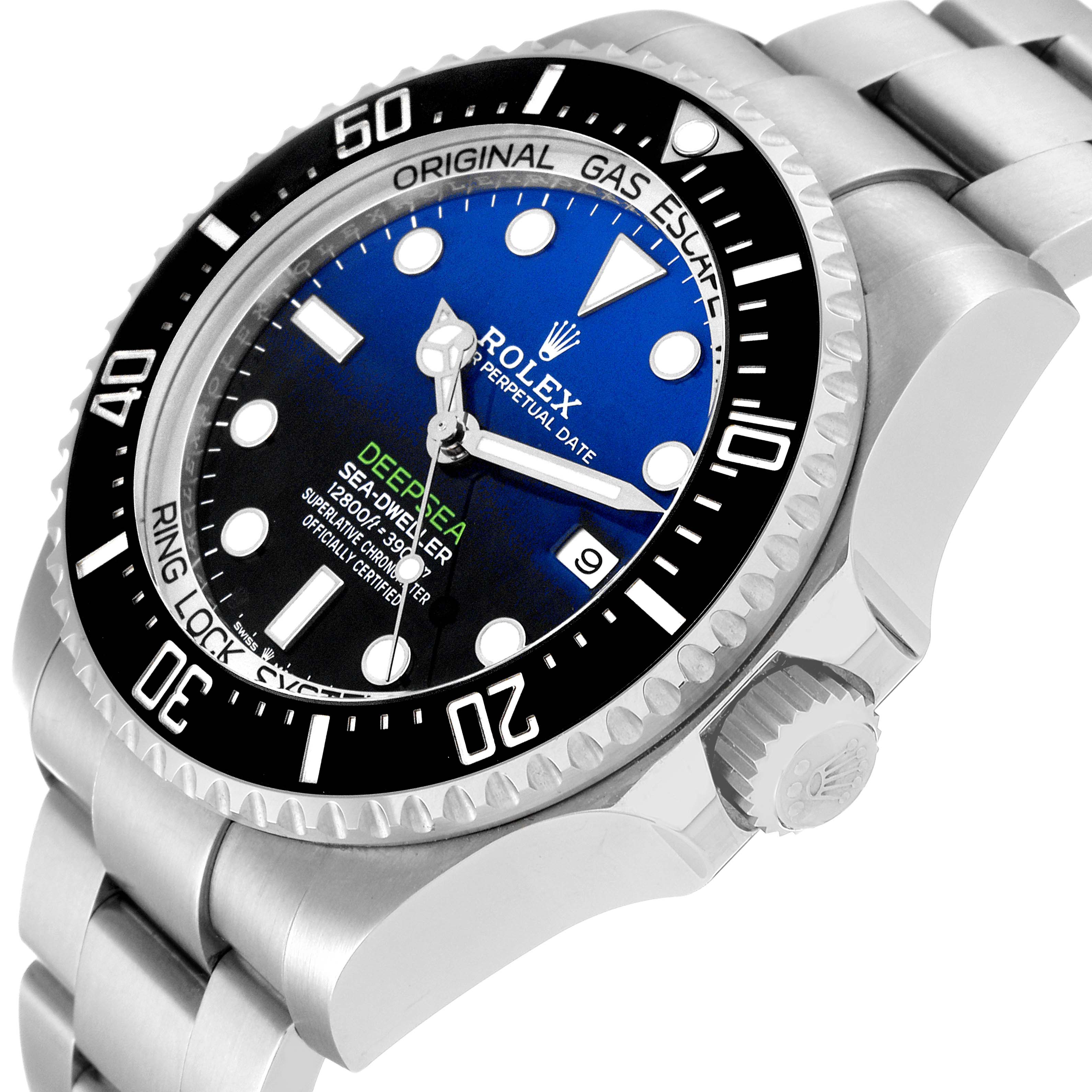 The image shows an angled side view of a Rolex Sea-Dweller 126660 Men
s Stainless Steel Blue Dial 126660 Men
s Stainless Steel Blue Dial watch, highlighting the dial, bezel, and part of the bracelet.