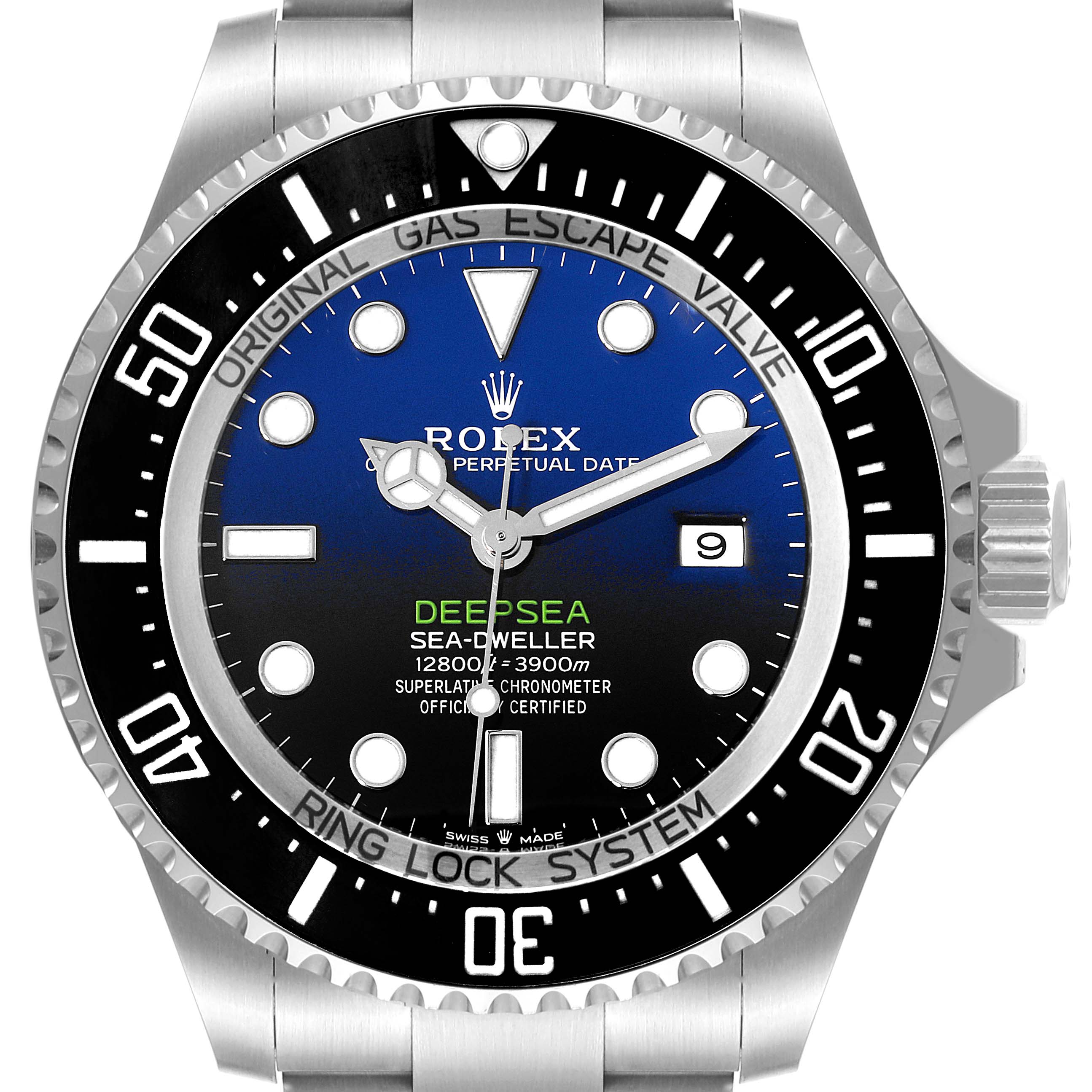 This is a front-view image of the Rolex Sea-Dweller 126660 Men's Stainless Steel Blue Dial 126660 Men's Stainless Steel Blue Dial watch, showing its face, bezel, and part of the metal bracelet.