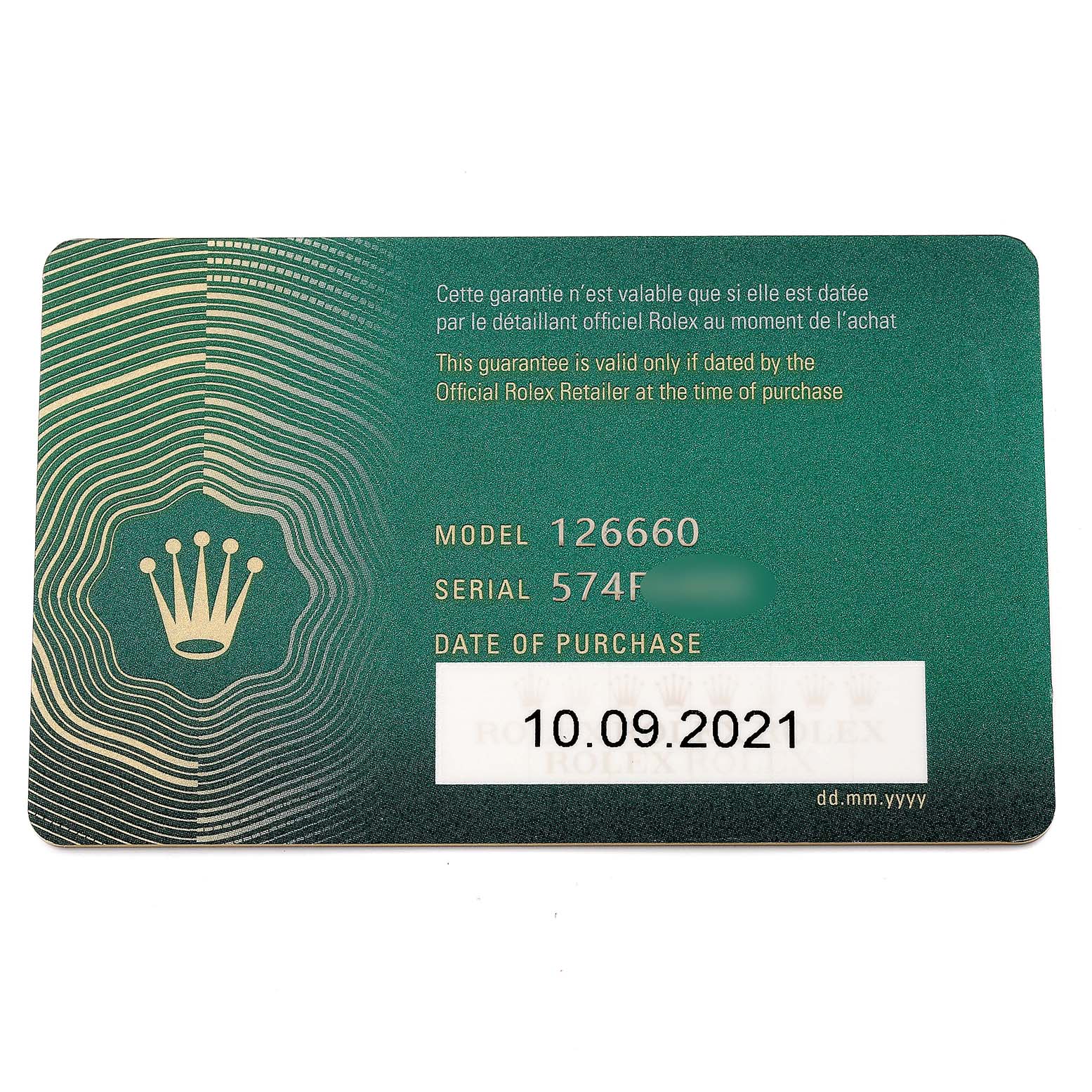 This image shows the guarantee card for a Rolex Sea-Dweller 126660 Men's Stainless Steel Blue Dial 126660 Men's Stainless Steel Blue Dial model 126660.