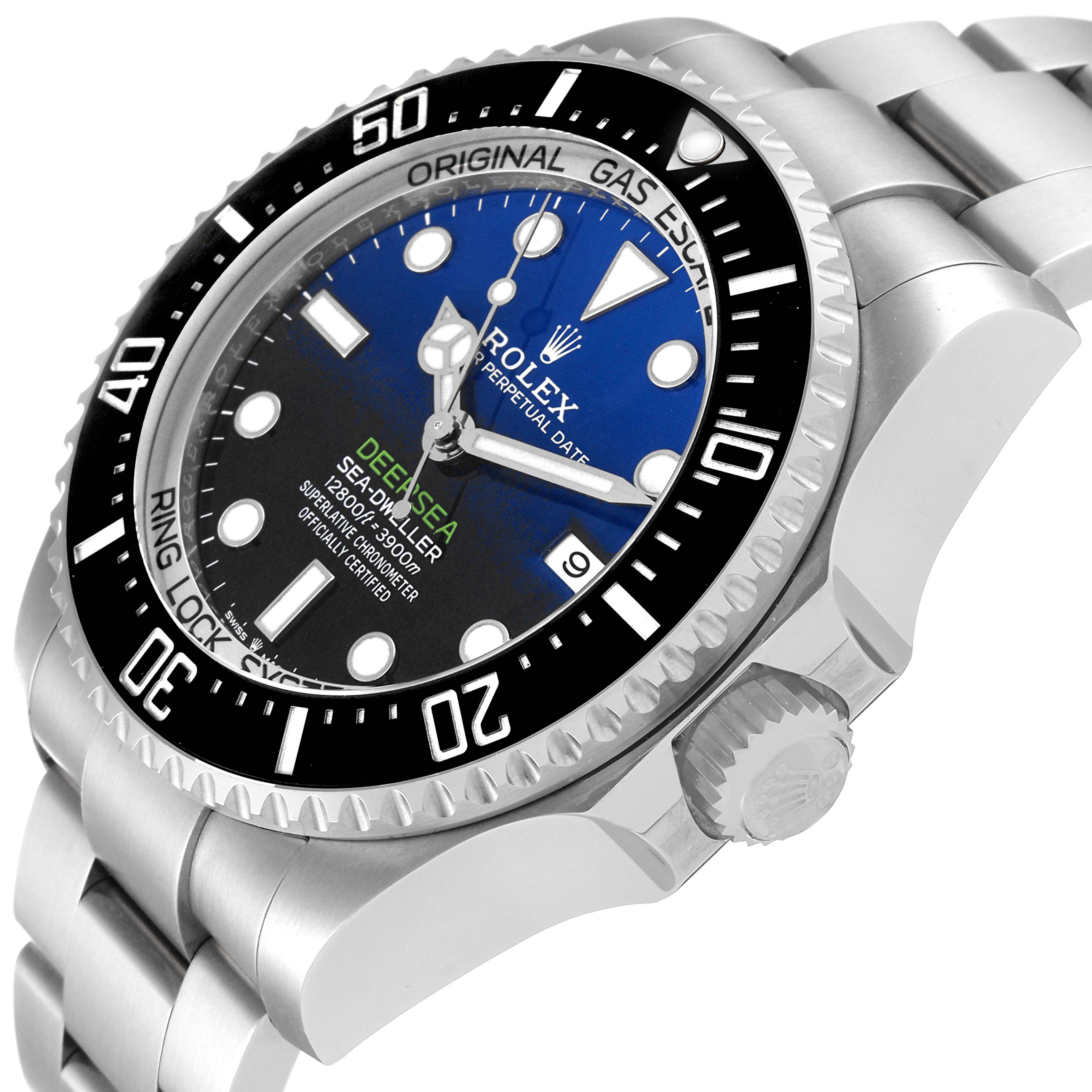 The image shows a close-up of the Rolex Sea-Dweller 126660 Men's Stainless Steel Blue Dial 126660 Men's Stainless Steel Blue Dial watch face, bezel, and part of the bracelet at an angled side view.
