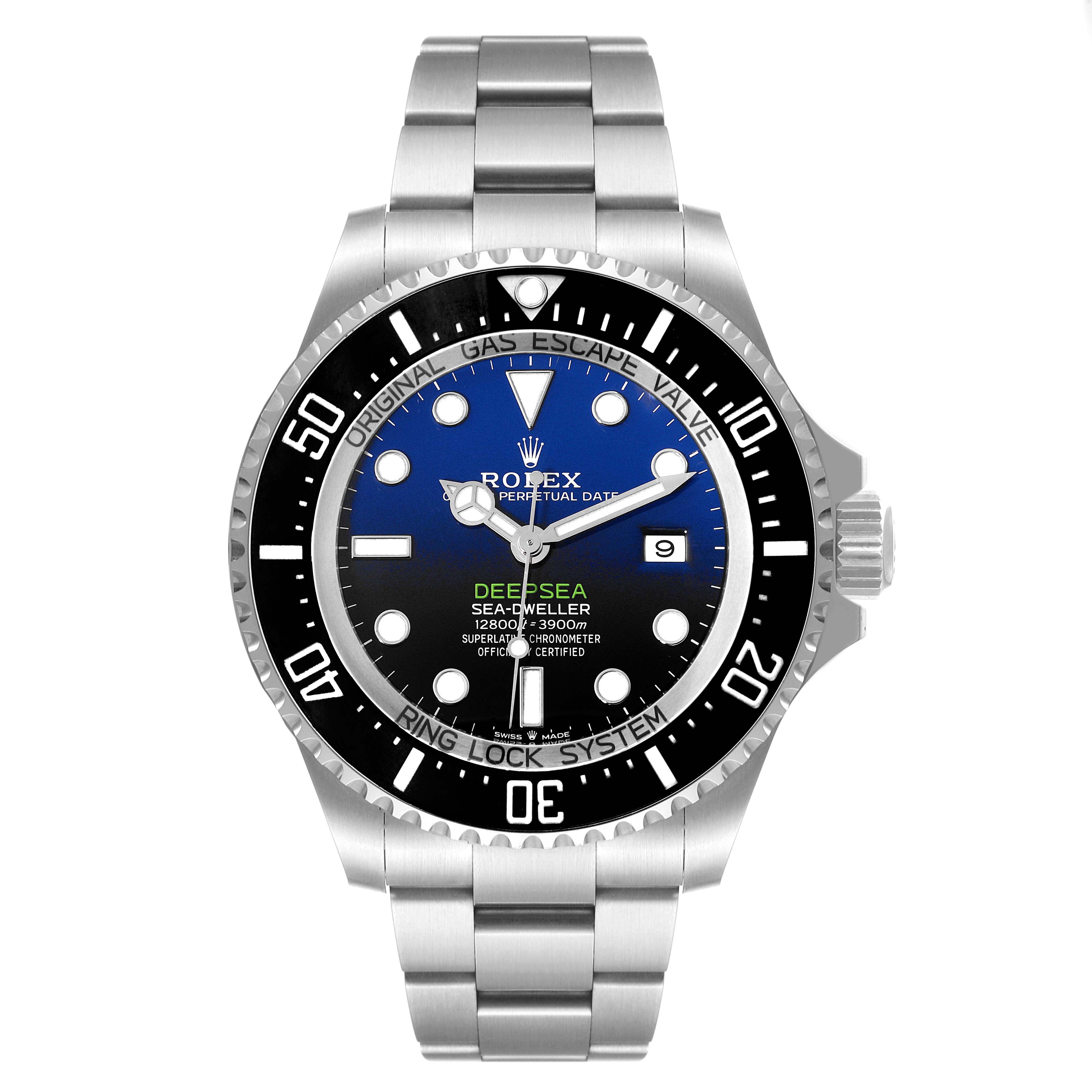 The image shows a front view of the Rolex Sea-Dweller 126660 Men's Stainless Steel Blue Dial 126660 Men's Stainless Steel Blue Dial watch, displaying its face, bezel, and stainless steel bracelet.