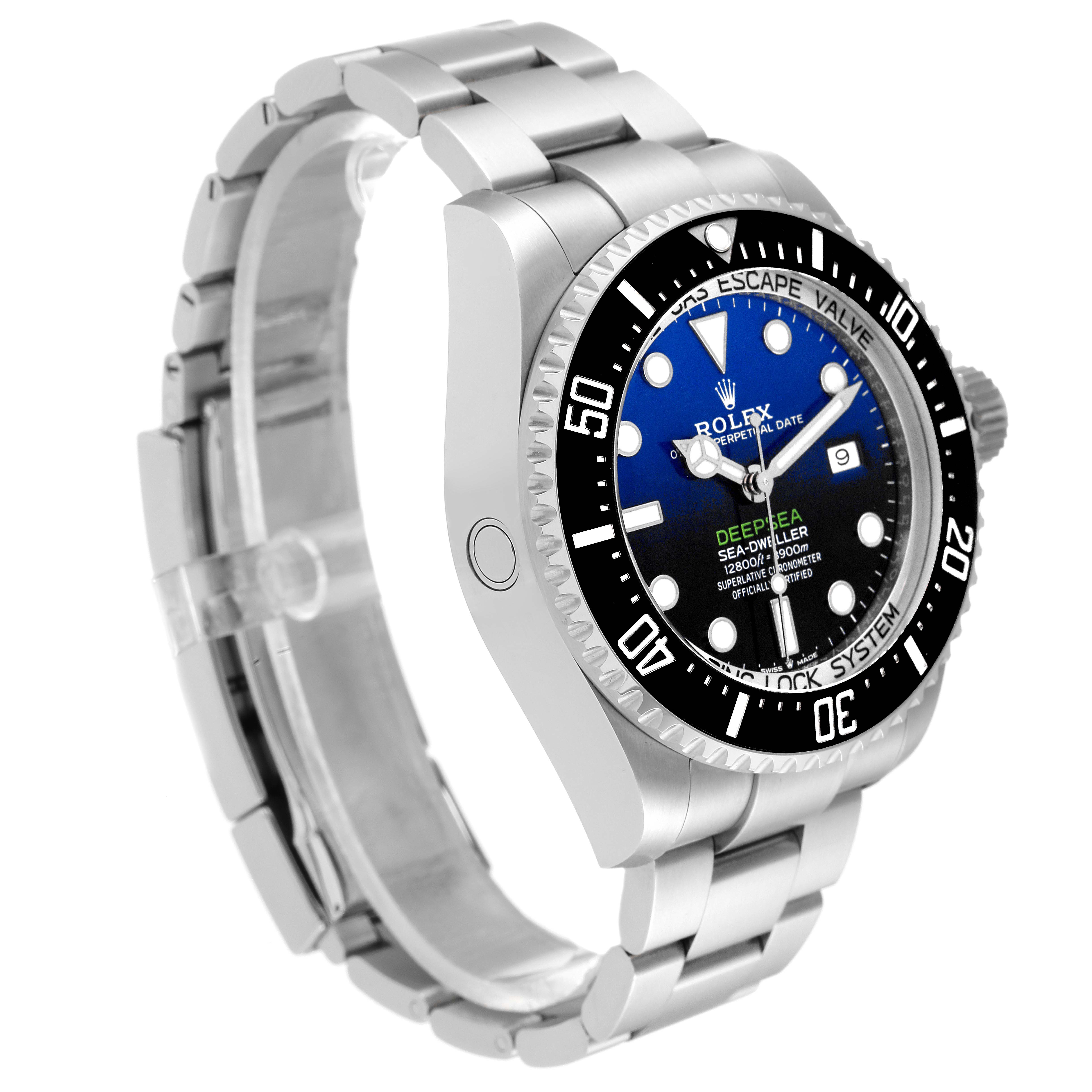 The image shows a side view of the Rolex Sea-Dweller 126660 Men's Stainless Steel Blue Dial 126660 Men's Stainless Steel Blue Dial watch, highlighting its bezel, dial, and stainless steel bracelet.