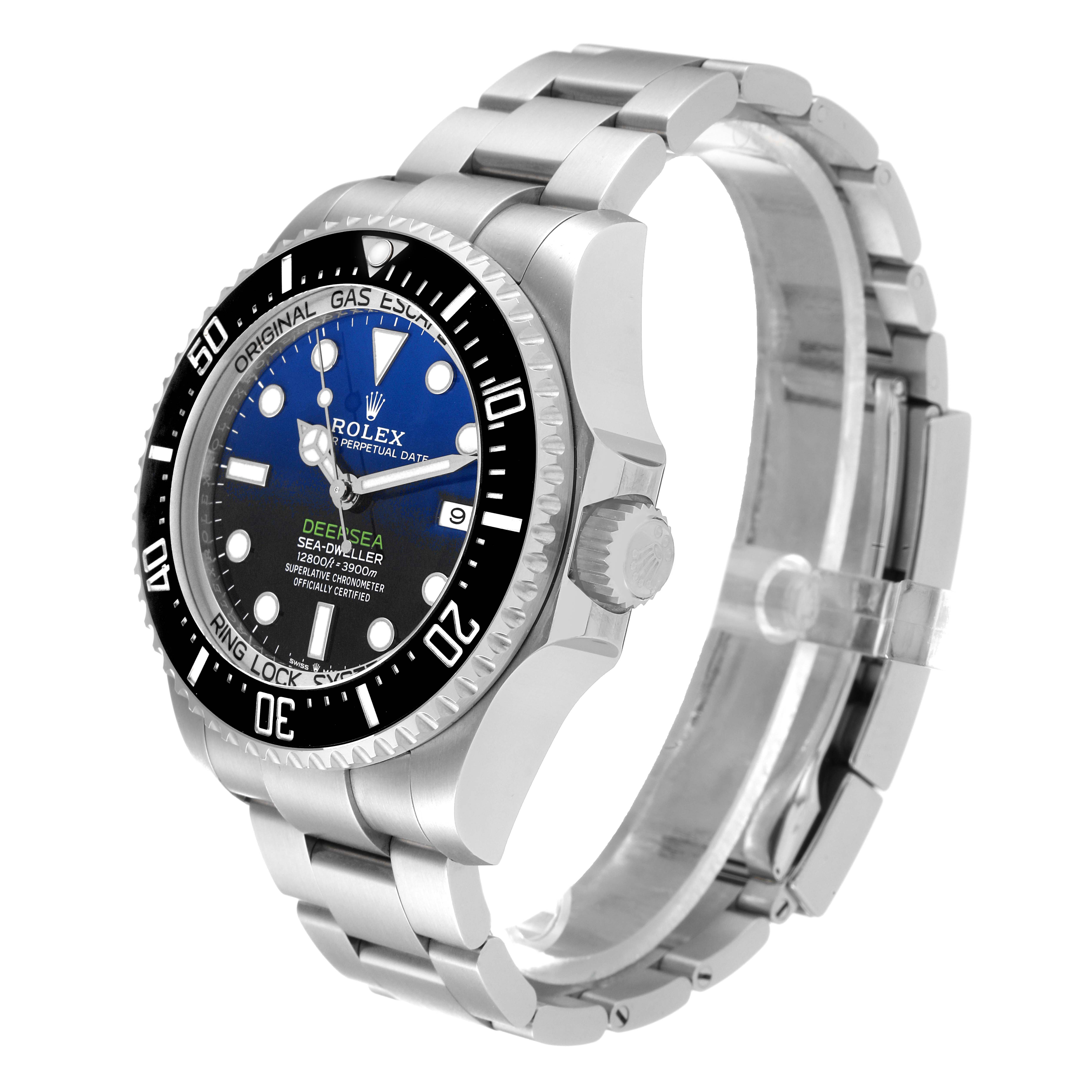 The Rolex Sea-Dweller 126660 Men's Stainless Steel Blue Dial 126660 Men's Stainless Steel Blue Dial watch is shown from an angle that highlights the watch face, bezel, crown, and bracelet.