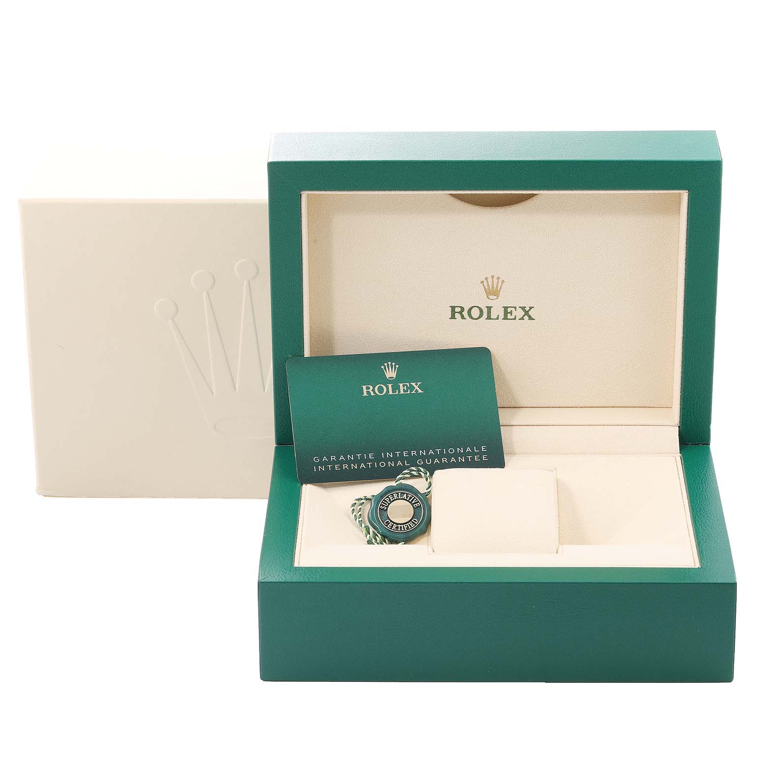 The image shows the open box, warranty card, and tag of a Rolex Sea-Dweller 126660 Men's Stainless Steel Blue Dial 126660 Men's Stainless Steel Blue Dial watch, viewed from the front.