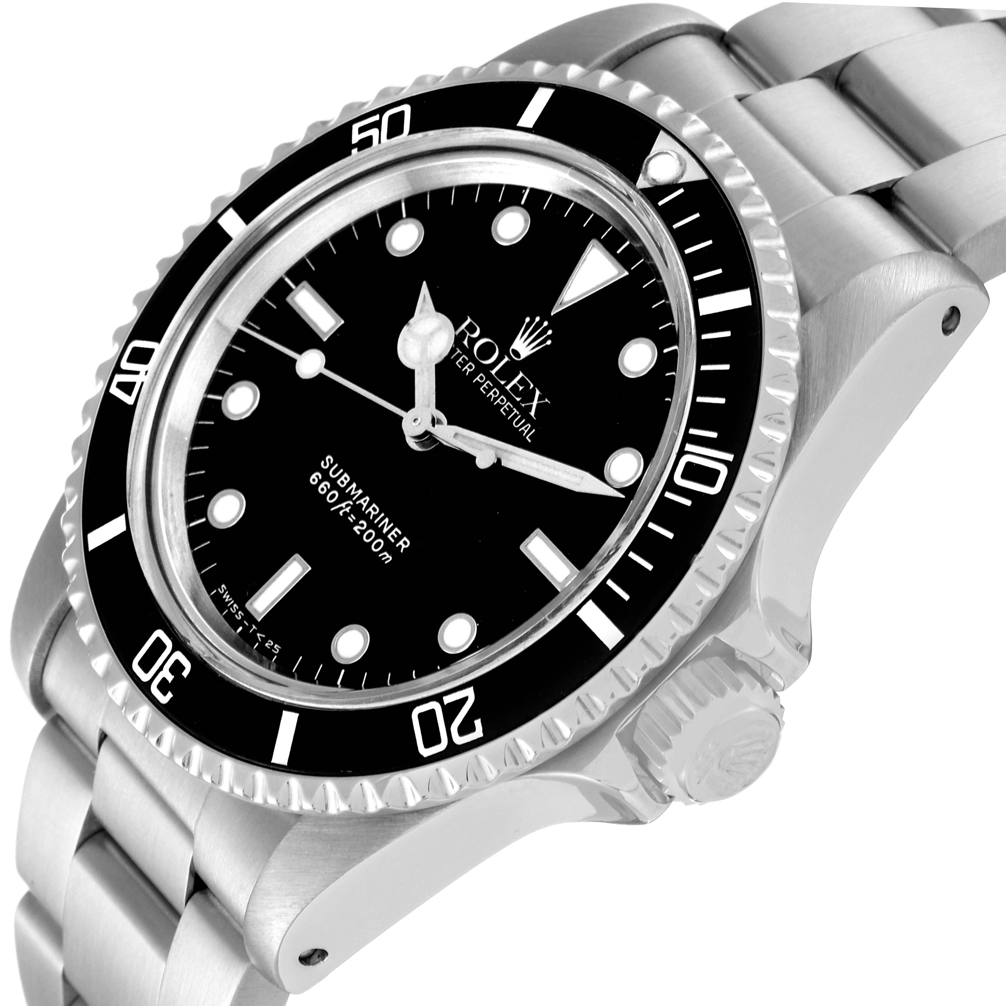 The image shows a close-up, side angle of the Rolex Submariner 5513 Men's Stainless Steel Black Dial 5513 Men's Stainless Steel Black Dial watch's face and bracelet, displaying its bezel and crown.